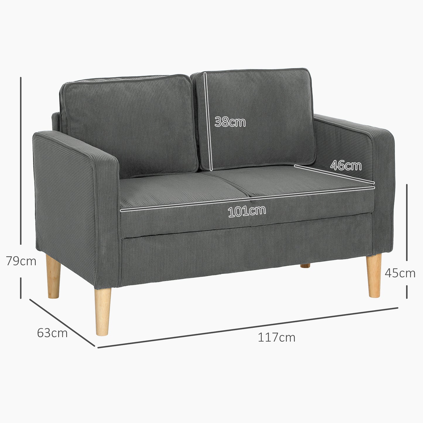HOMCOM Small Two Seater Corduroy Sofa With Hidden Storage Lift Up Seat In Grey With Firm Comfort Dense Foam