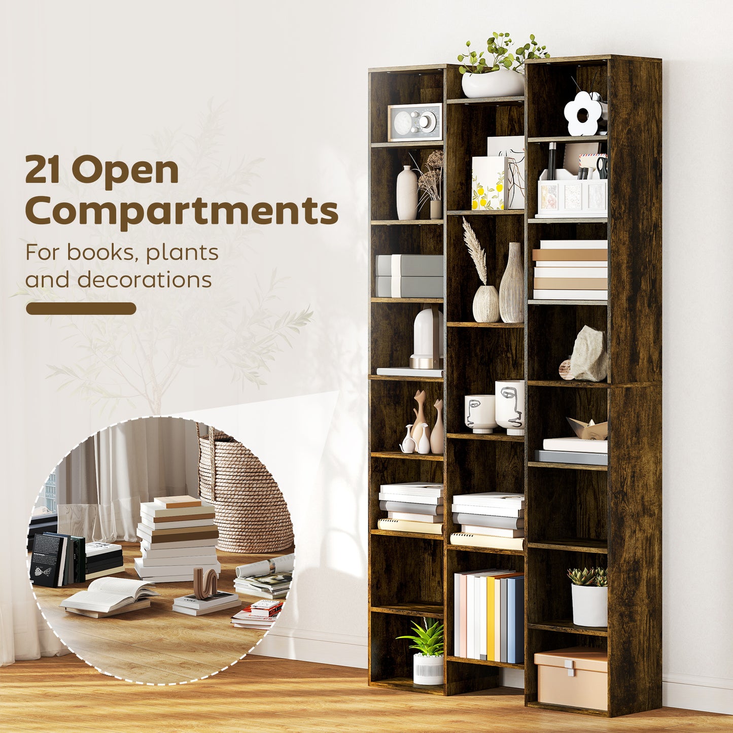 HOMCOM 21 Compartment Tall Bookshelf Brown With Adjustable Shelves And Modern Design