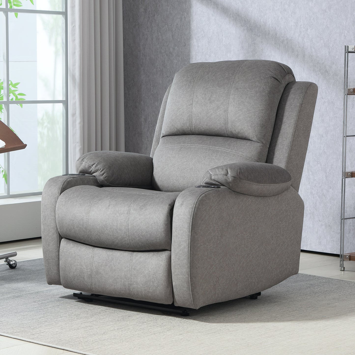 HOMCOM Microfibre Manual Reclining Armchair With Footrest Grey Cup Holder Armrests
