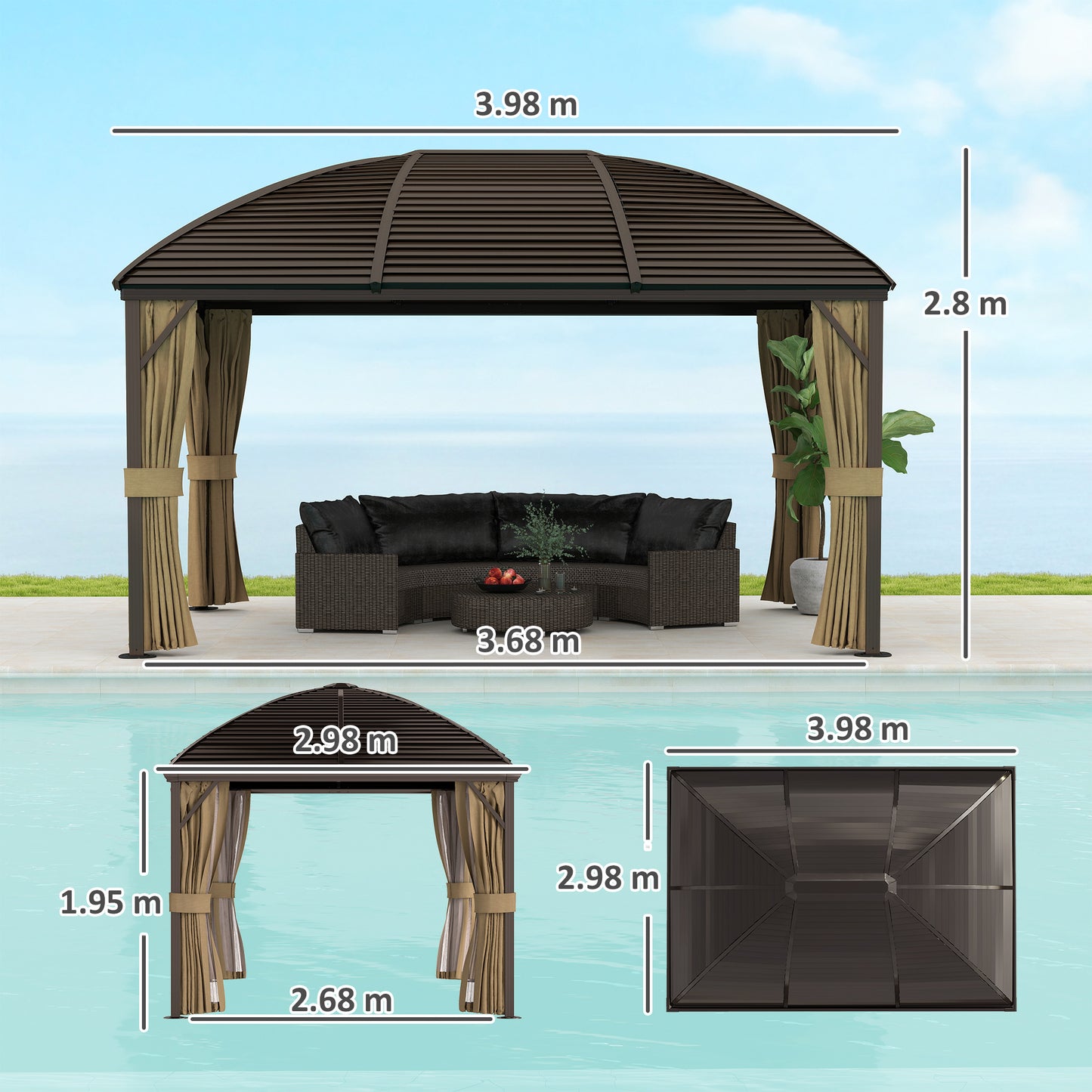 Outsunny 3 By 4m Hardtop Gazebo With Metal Roof Aluminium Frame Netting Curtains Permanent Pavilion Brown
