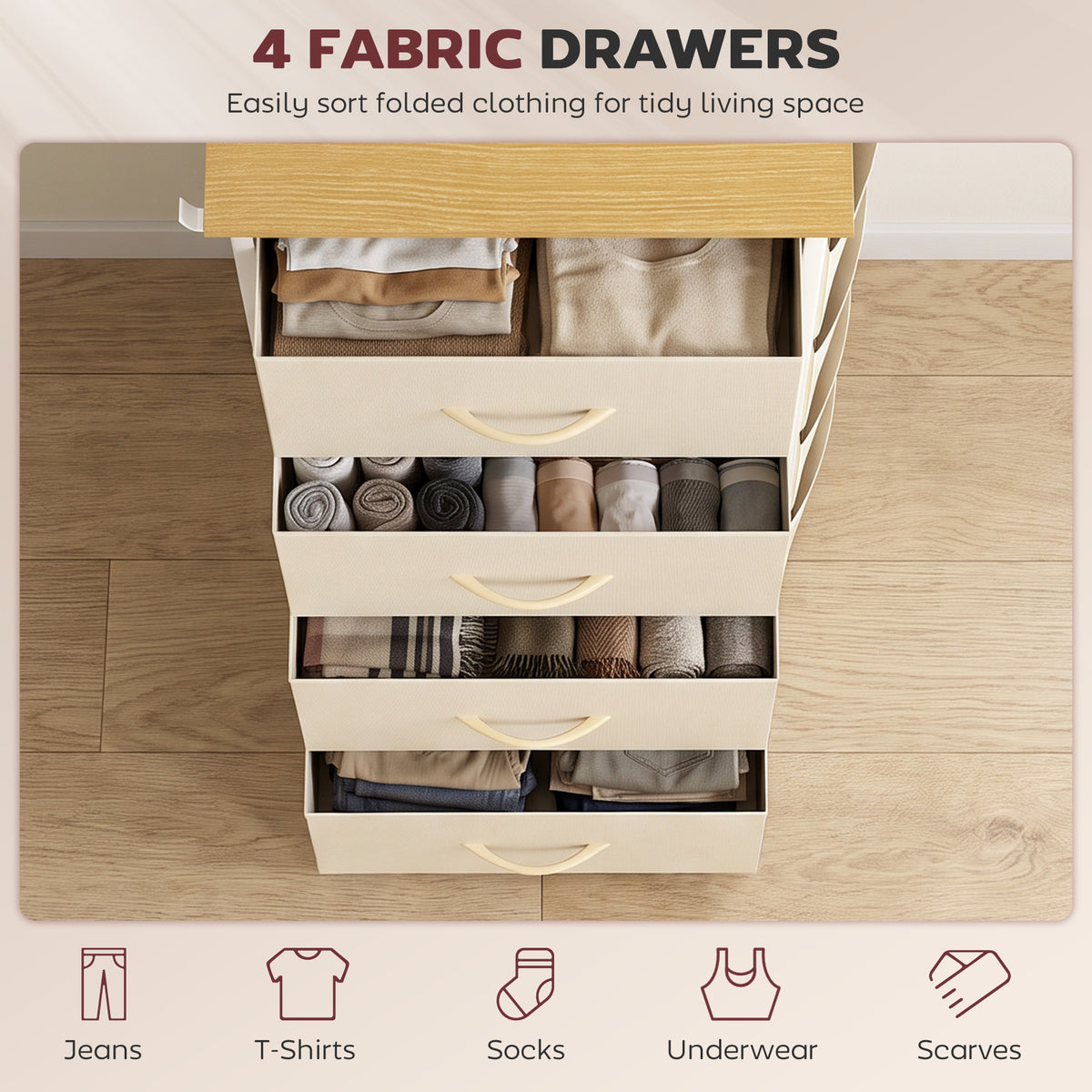 Homcom 4 Drawers Fabric Chest Of Drawers With Steel Frame And Hooks Beige