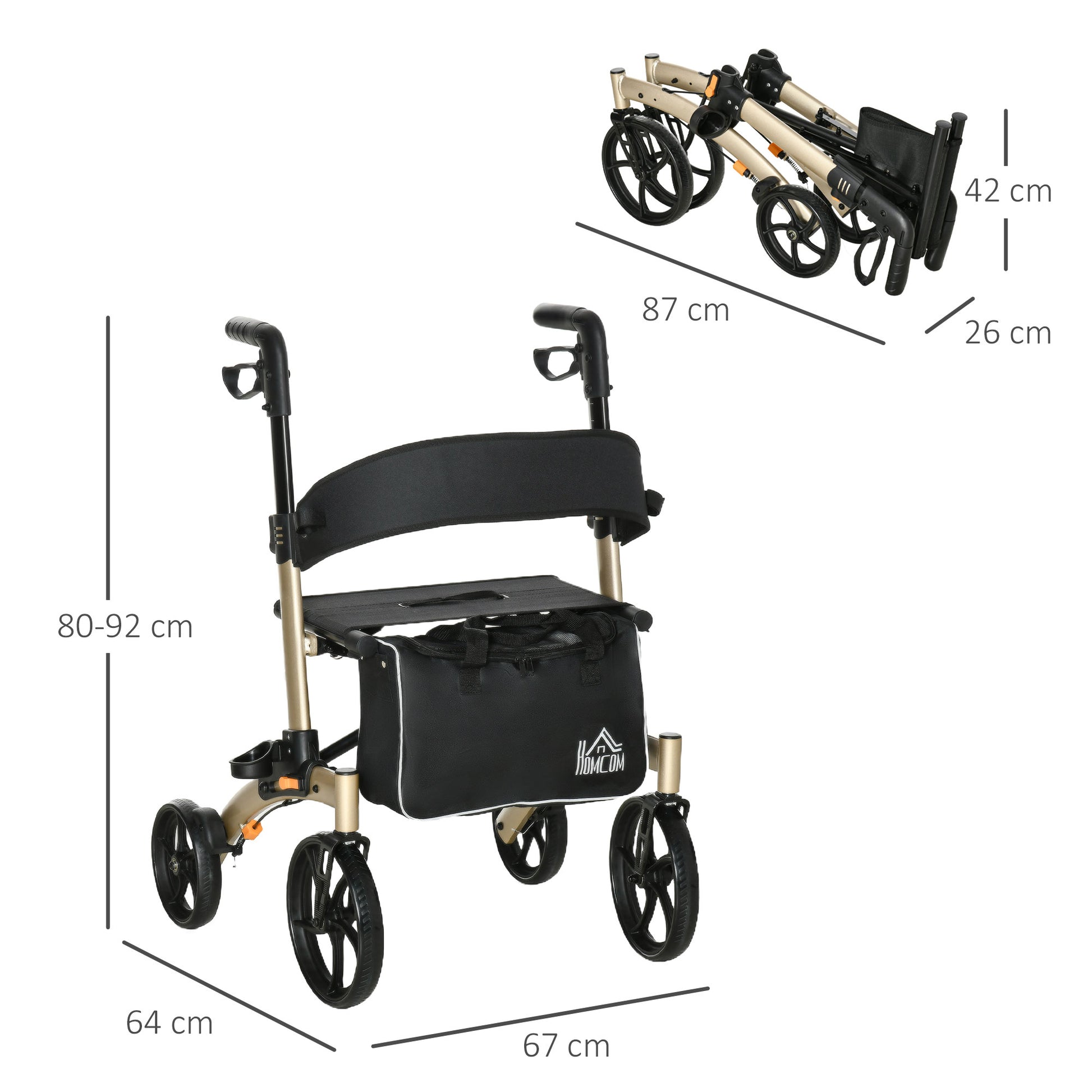 HOMCOM 4-Wheel Mobility Walker with Adjustable Height, Seat, and Cane Holder - Gold Aluminum Rollator - ALL4U RETAILER LTD