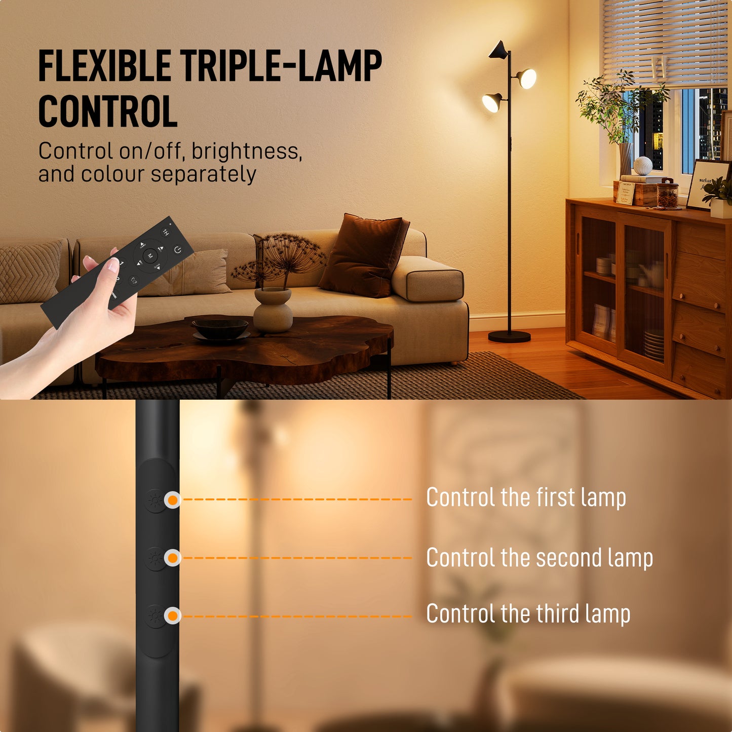 HOMCOM Three Lamp Floor Lamp With RGB Colors And Tunable White 2700K To 6000K Nine Scene Modes Timer Black