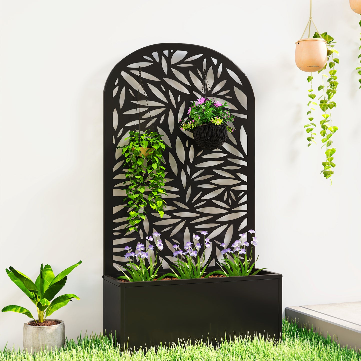 Outsunny Metal Garden Bed With Trellis, Wall Mounted Or Freestanding Raised Planter, Curved Privacy Screen