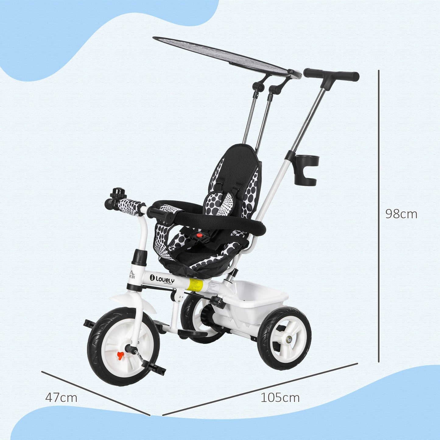 HOMCOM 6-in-1 Convertible Tricycle for Toddlers with Safety Harness and Removable Canopy, White - ALL4U RETAILER LTD