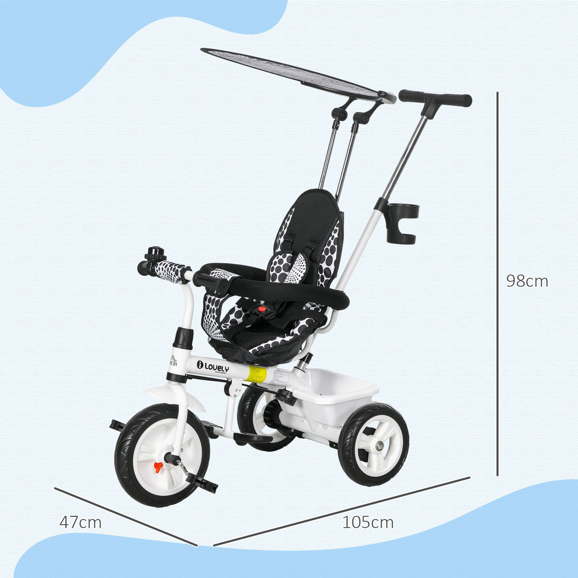 HOMCOM 6-in-1 Convertible Tricycle for Toddlers with Safety Harness and Removable Canopy, White - ALL4U RETAILER LTD