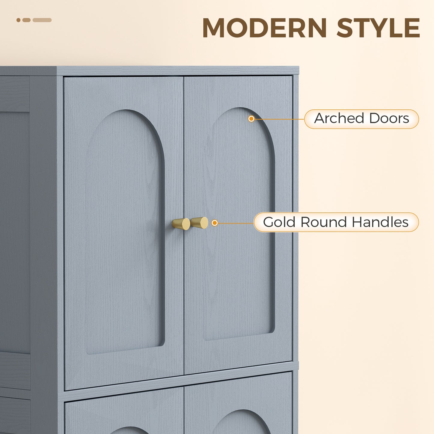HOMCOM 4 Door Kitchen Storage Cabinet With Adjustable Shelves Grey Arched Door Panels And Gold Tone Handles