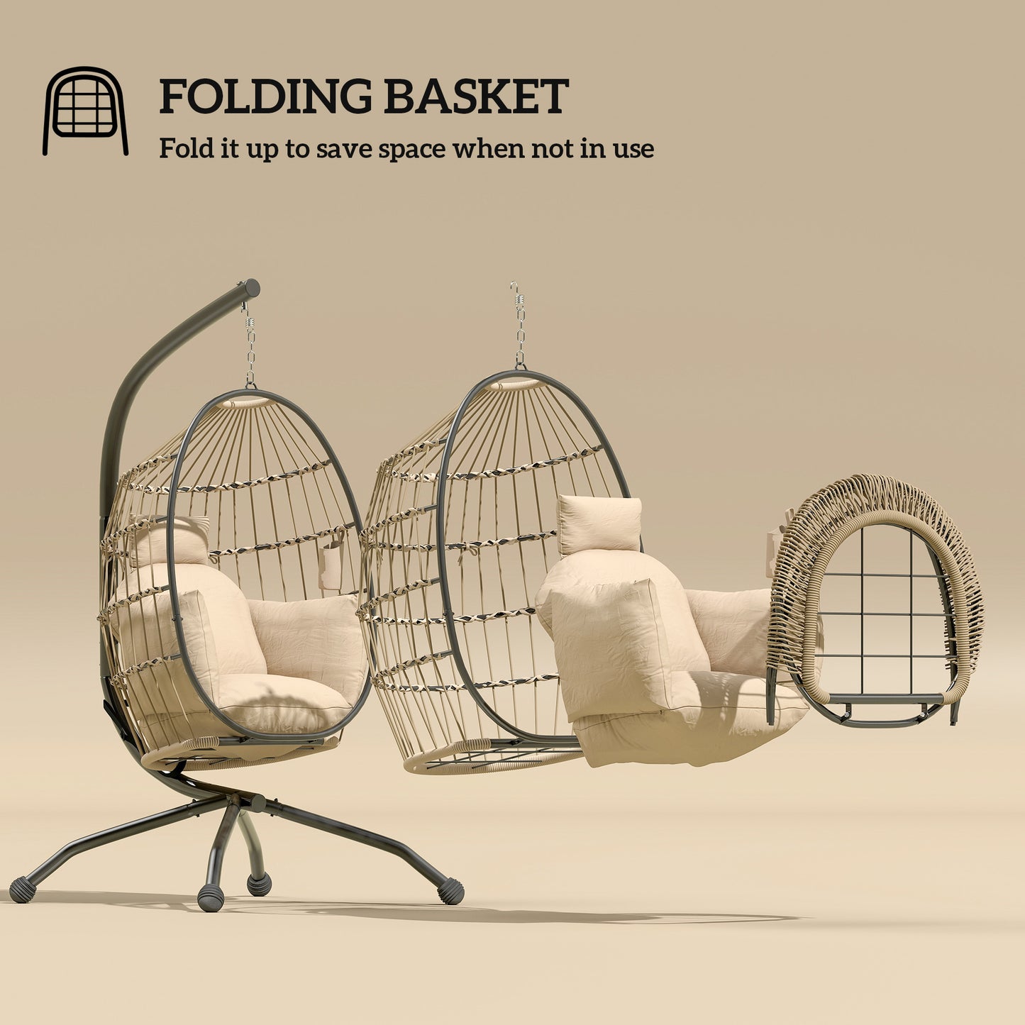 Outsunny Hanging Egg Chair With Stand Folding Basket Thickened Cushion Cup Holder Headrest For Outdoor Balcony Khaki