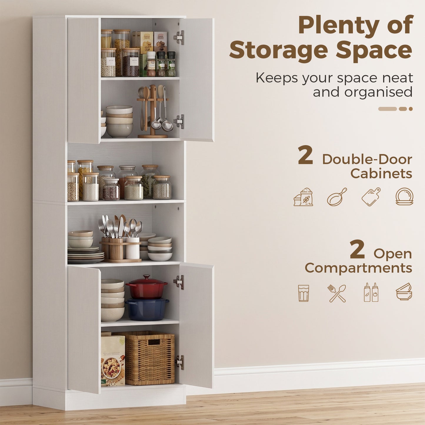HOMCOM 170 Cm Kitchen Pantry Cabinet Freestanding Storage Cabinet With Soft Close Hinges White Wood Effect