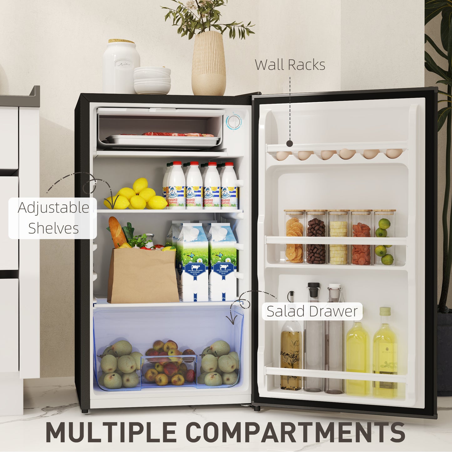 HOMCOM 91L Freestanding Under Counter Fridge With Lock Black For Small Kitchens And Home Offices