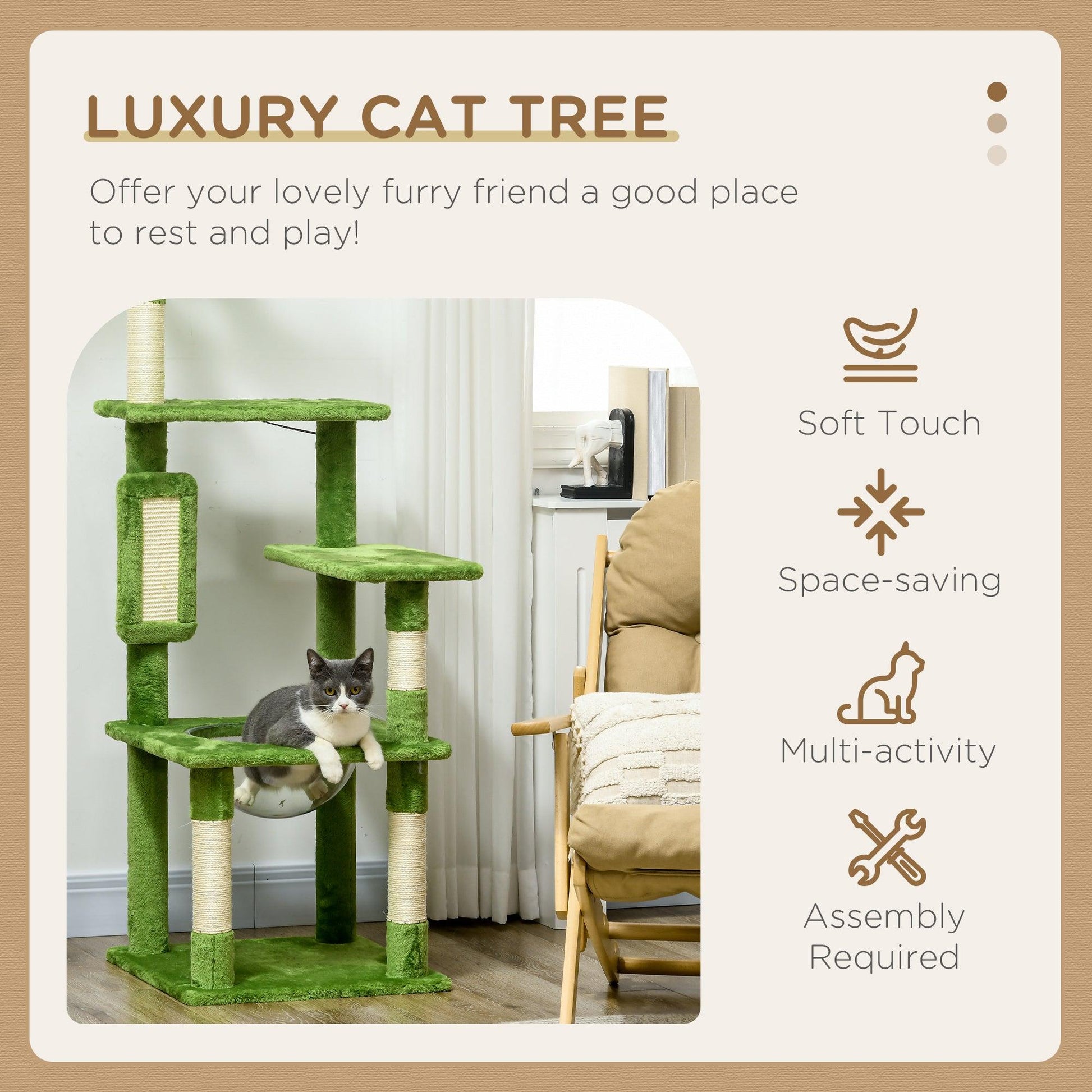 PawHut Green Cat Tree Tower with Scratching Post and Hammock - ALL4U RETAILER LTD