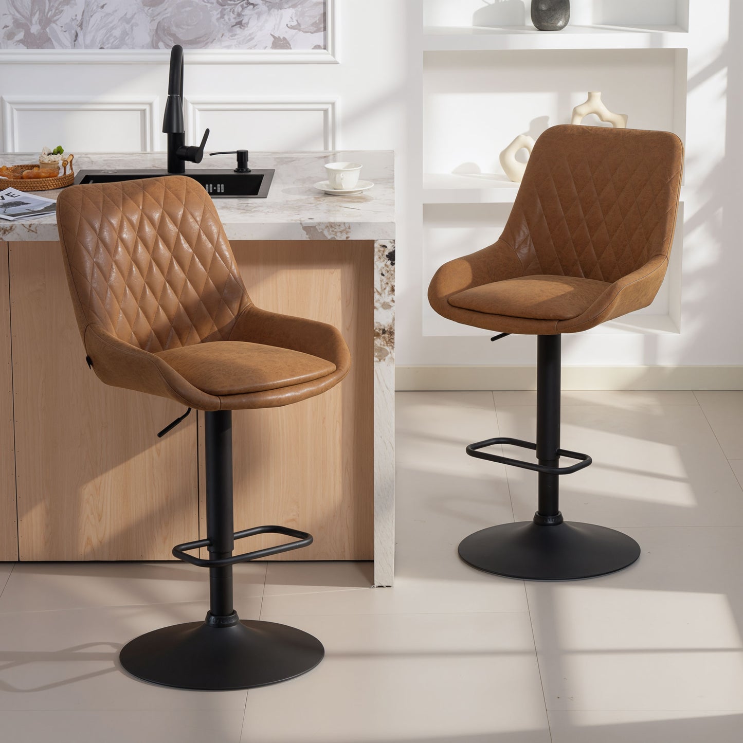 HOMCOM Set of Two Faux Leather Retro Bar Stools Orange With Padded Seats High Back Adjustable Height 63-83 cm