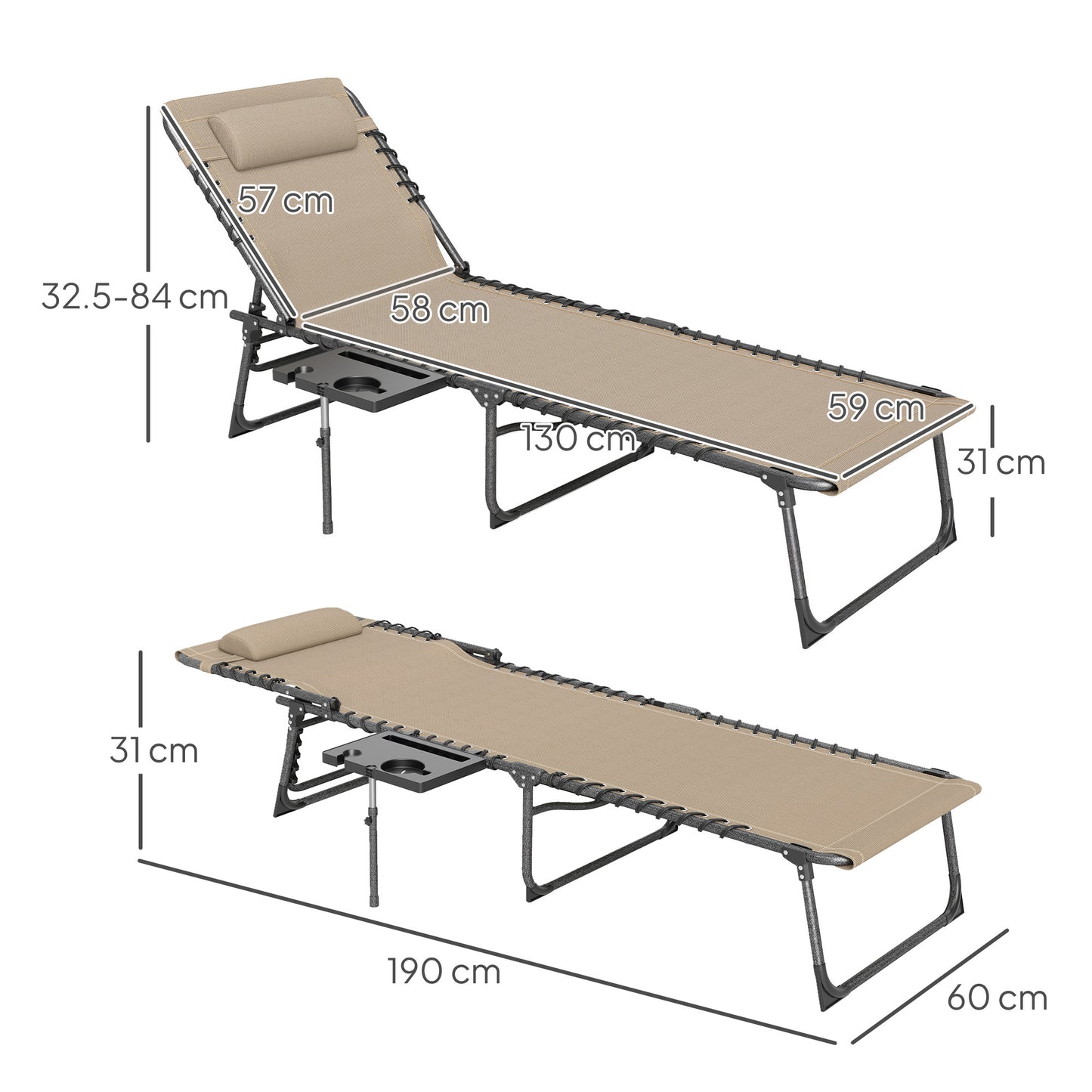 Outsunny Five Position Reclining Sun Lounger Beige With Removable Head Pillow And Powder Coated Steel Frame