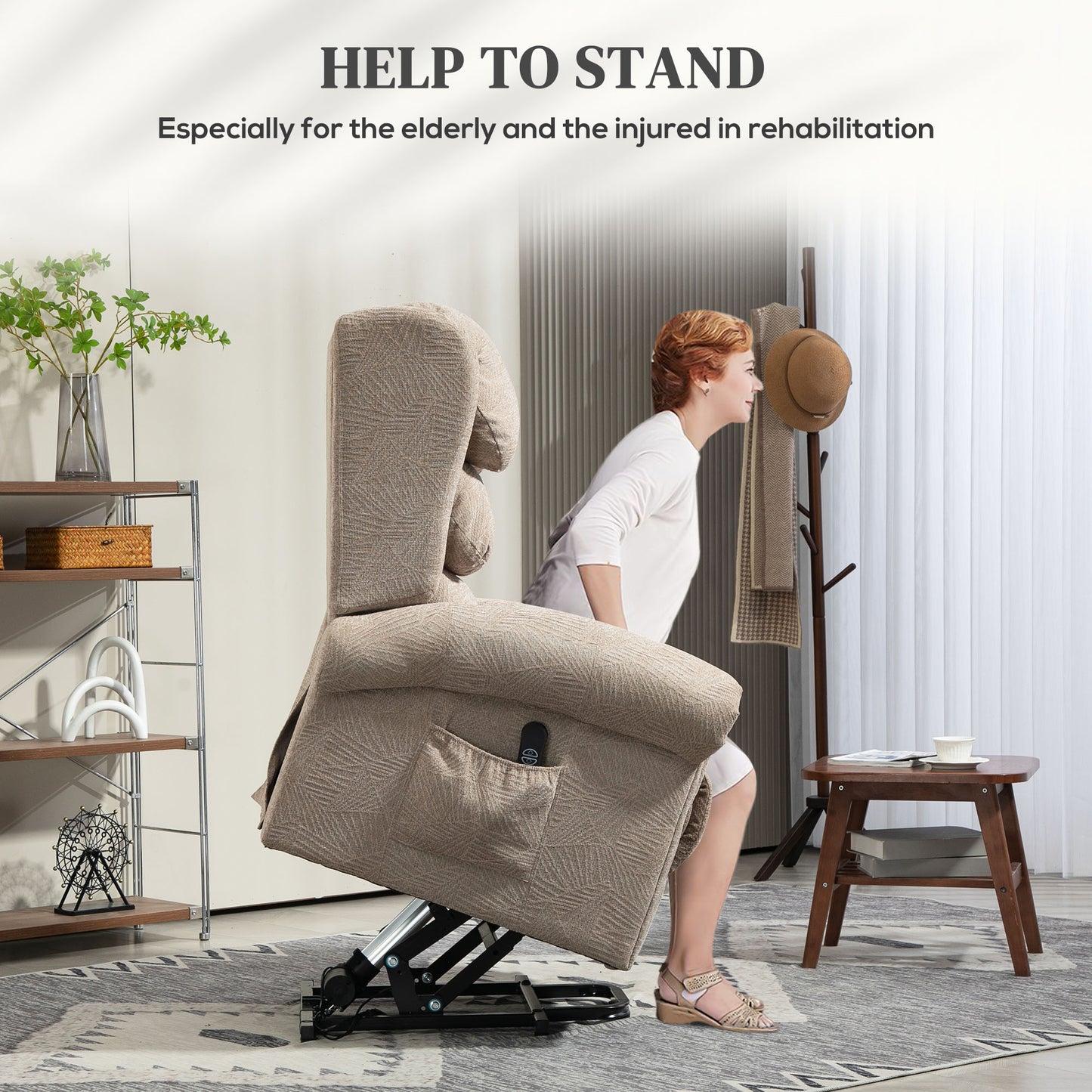 HOMCOM Velvet Feel Electric Riser Recliner Chair Khaki With Power Lift And Easy Access Button