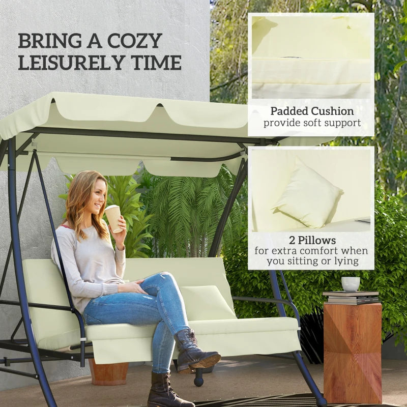 Outsunny 3-Seater Garden Swing Chair with Adjustable Canopy - Cream White Outdoor Patio Swing - ALL4U RETAILER LTD