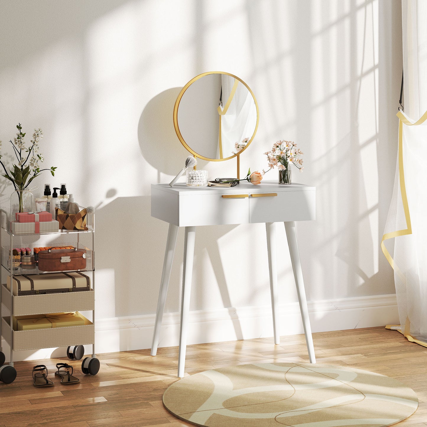 HOMCOM Elegant Dressing Table With Round Mirror White 60 x 40 x 123 cm With Storage Drawers