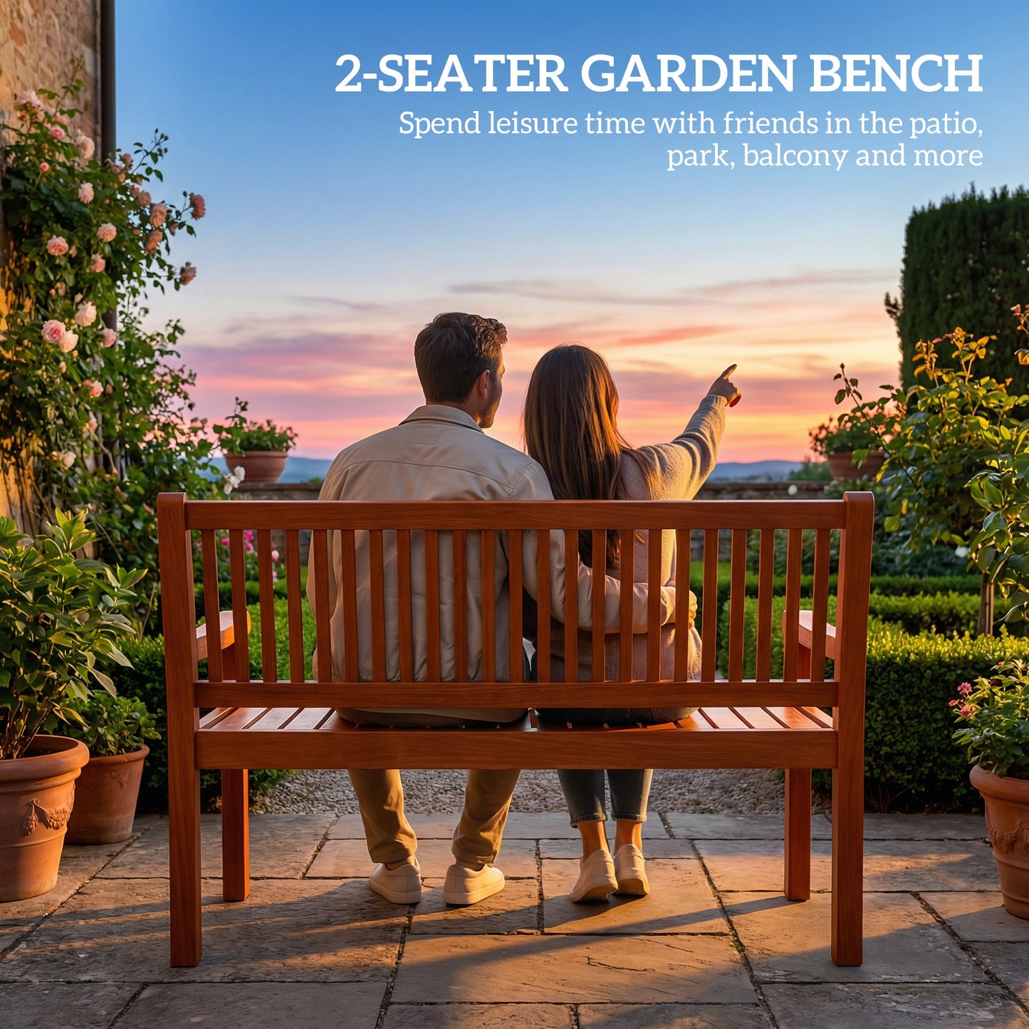 Outsunny 2 Seater Garden Bench, Wooden Outdoor Bench With Waterproof Cover And Ergonomic Backrest Made From Poplar Wood