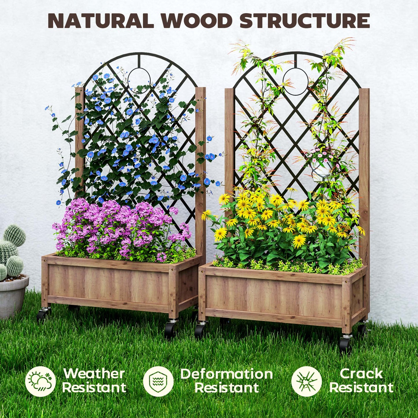 Outsunny Wooden Planter With Metal Trellis On Wheels Brown And Black 20 x 47 Cm Drainage Holes