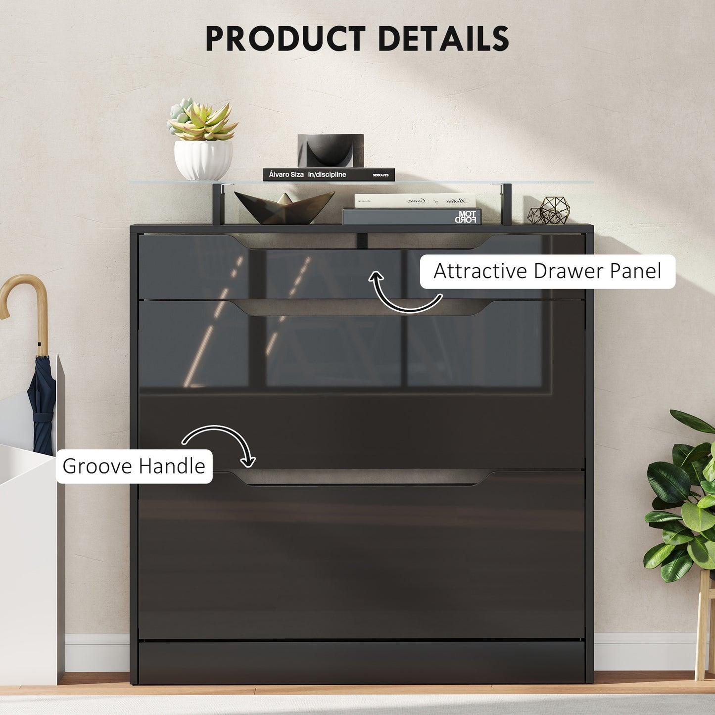 HOMCOM Narrow Shoe Storage Cabinet With Slide Out Drawer And Two Flip Doors Tempered Glass Top Black