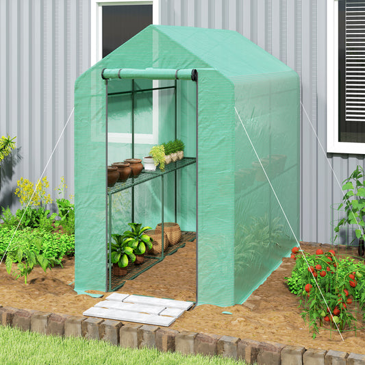 Outsunny 120 by 186cm Walk In Greenhouse With Shelves Steel Frame PE Cover Roll Up Door All Year Round