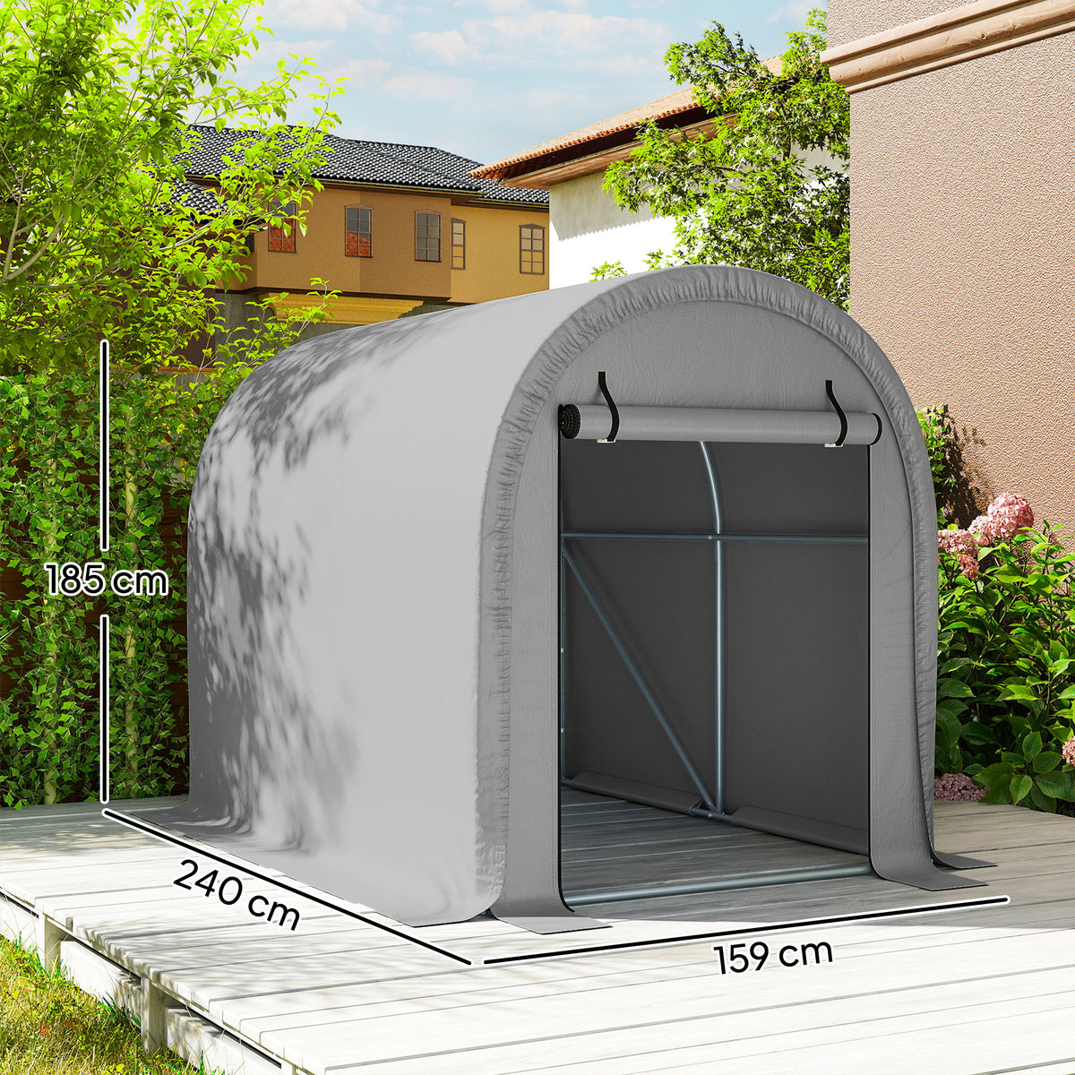 Gray outdoor storage tent with open front door, metal frame and shelving visible inside.