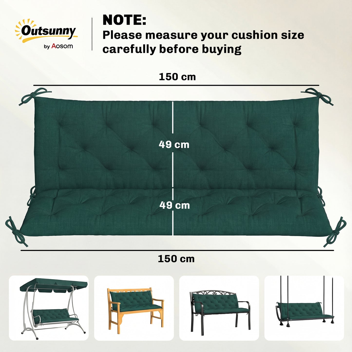 Outsunny 3 Seater Bench Cushion With Back And Ties For Indoor Outdoor Use 98 x 150 cm Green Cotton Filled