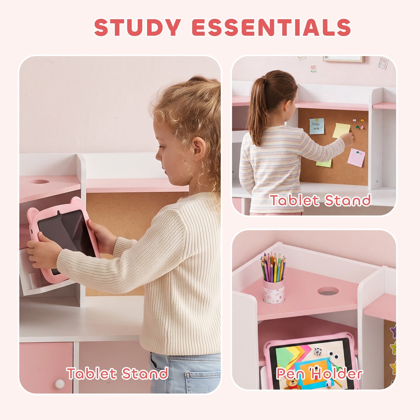 Pink Kids Desk and Chair Set with Adjustable Tablet Stand Storage Shelves