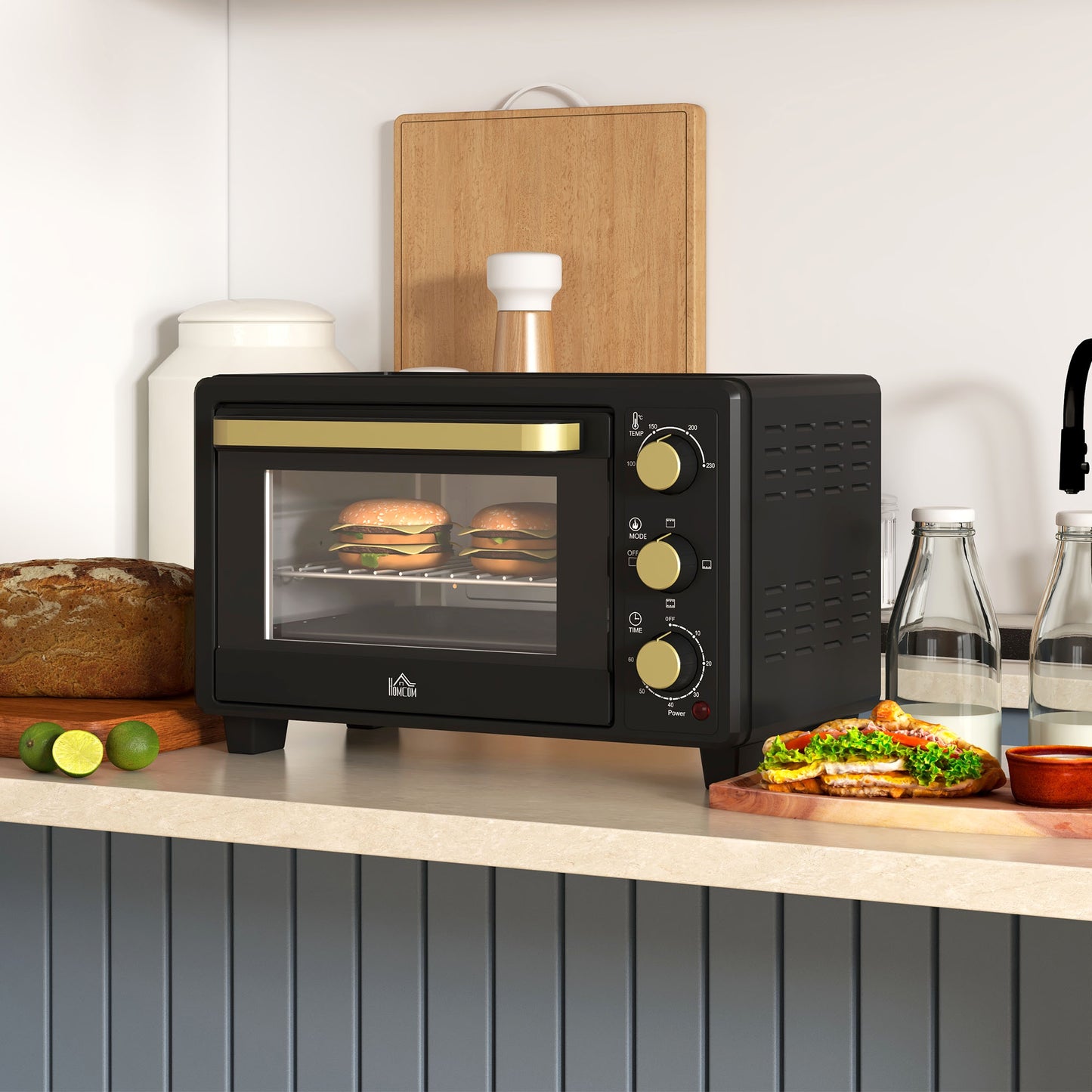 HOMCOM 16L Mini 1400W Countertop Oven Black With Removable Rack And Tray For Flexible Three Level Cooking