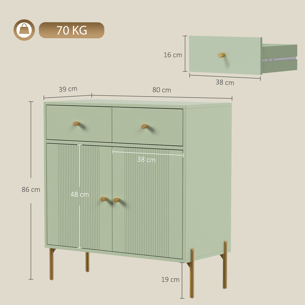HOMCOM Light Green Sideboard Cabinet With 2 Drawers And Adjustable Shelves