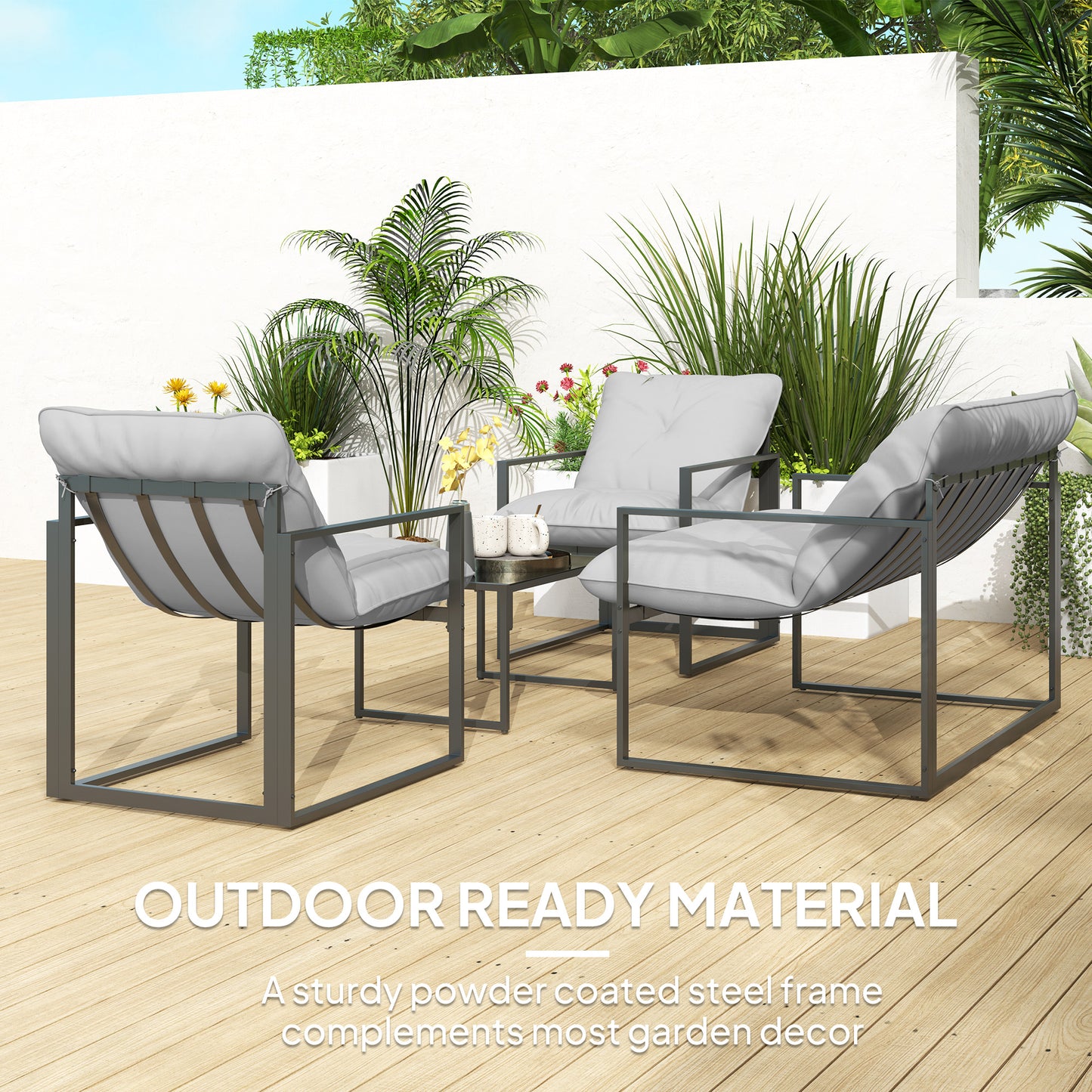 Outsunny Four Piece Relaxed Back Garden Dining Set Black And Light Grey With Steel Frame And Thick Cushioned Seats