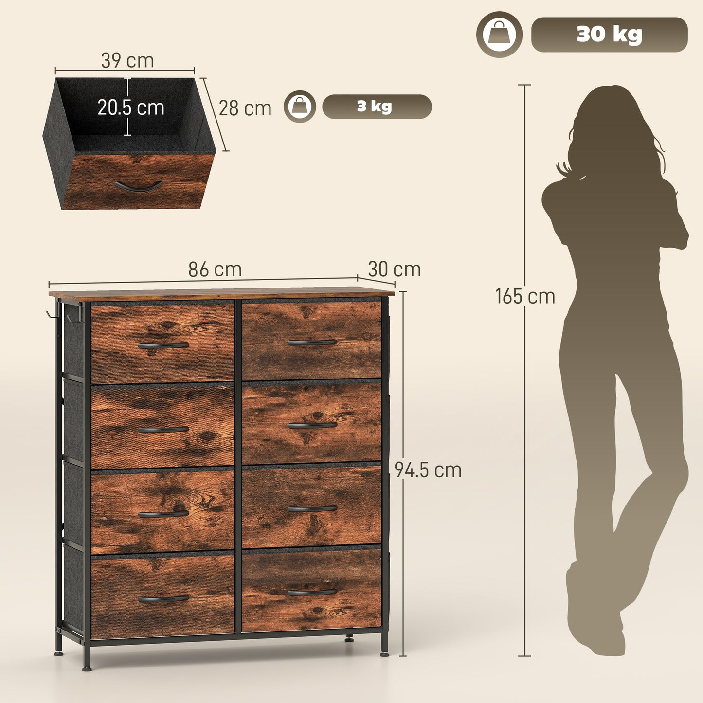 HOMCOM Chest Of Eight Fabric Drawers Rustic Brown With Steel Frame And X Bars For Bedroom Storage