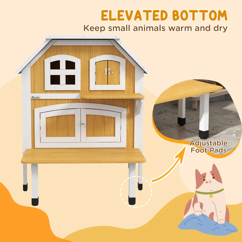 PawHut 2-Tier Outdoor Wooden Cat Shelter, Feral Cat House with Openable Asphalt Roof, Escape Doors, and Terrace for 1-2 Cats - ALL4U RETAILER LTD