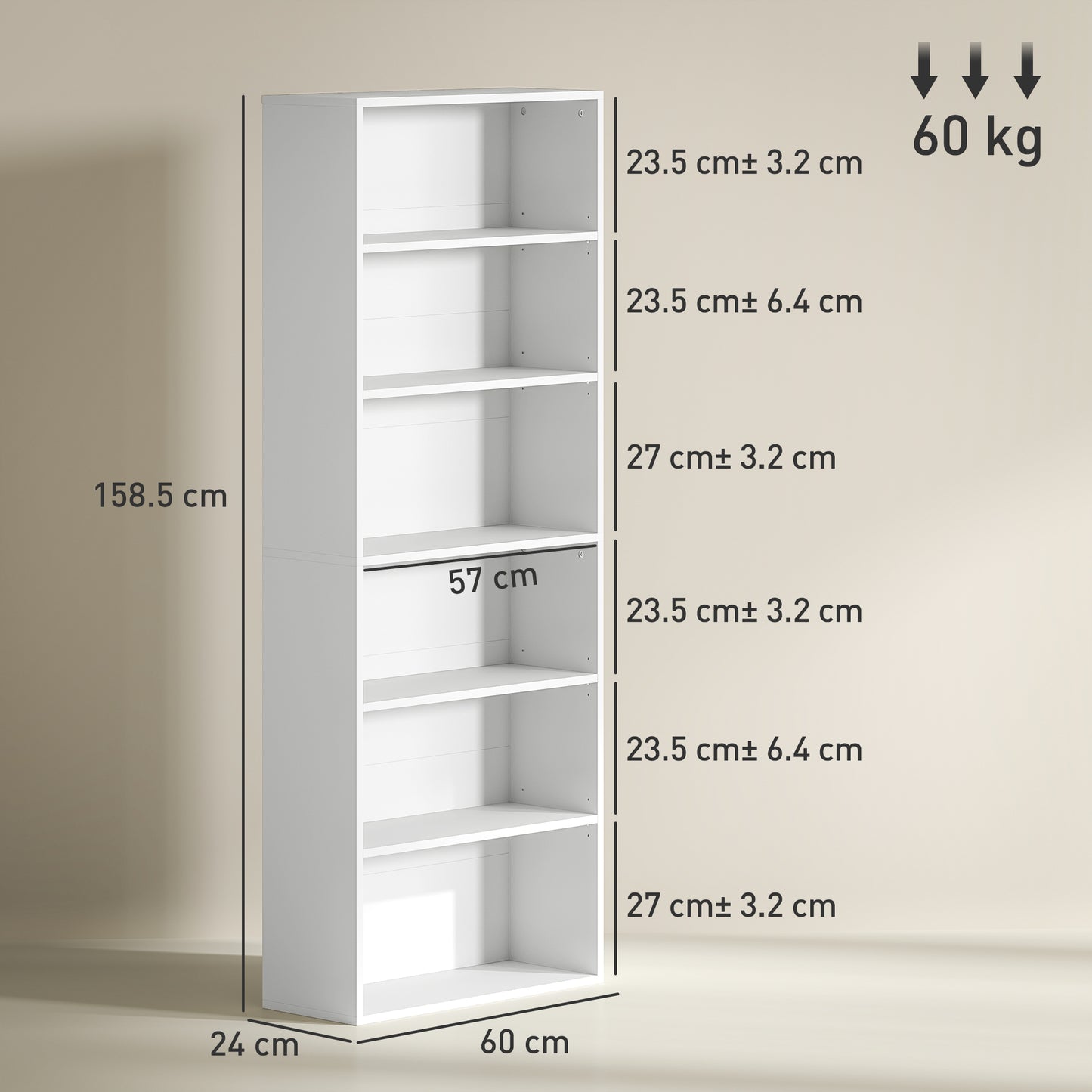 HOMCOM Six Shelf Bookcase White With Four Adjustable Shelves Melamine Finish For Living Room Storage