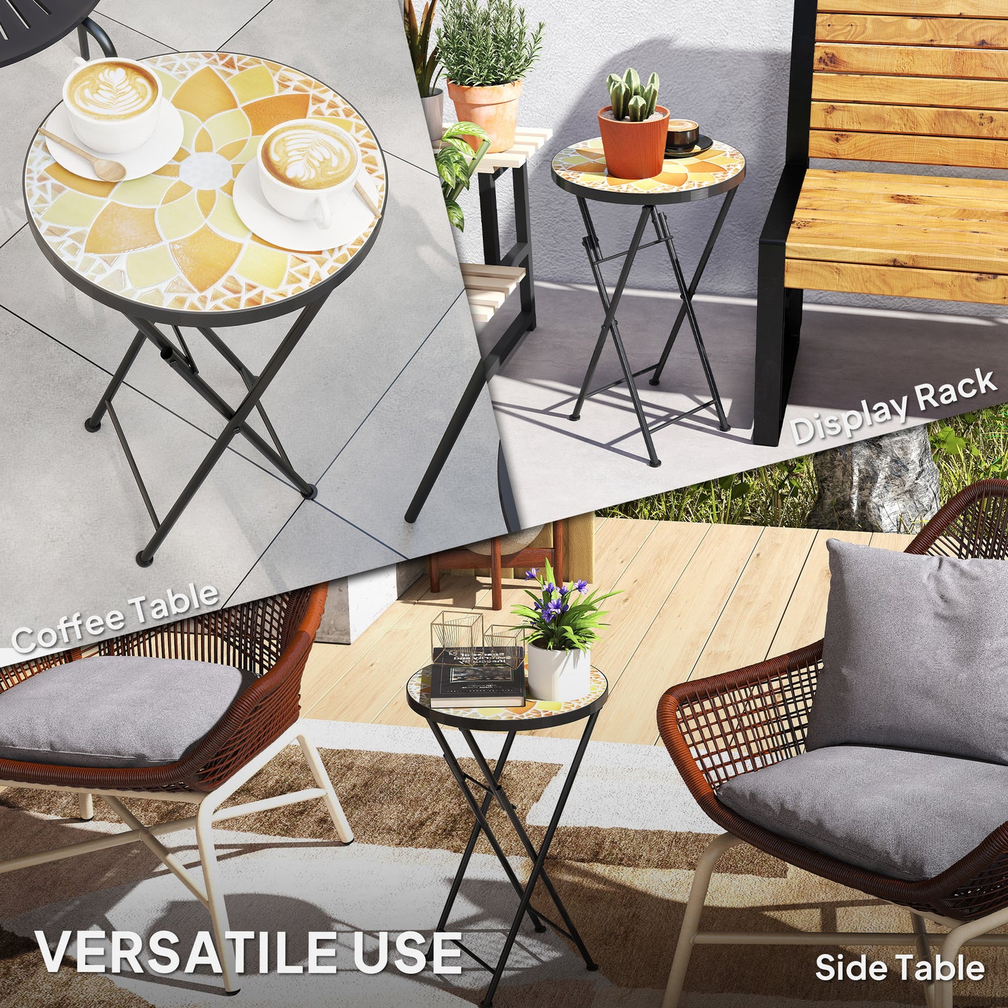 Outsunny Mosaic Round Folding Outdoor Garden Table With Metal Frame 35.5cm Yellow Balcony Terrace Coffee Table