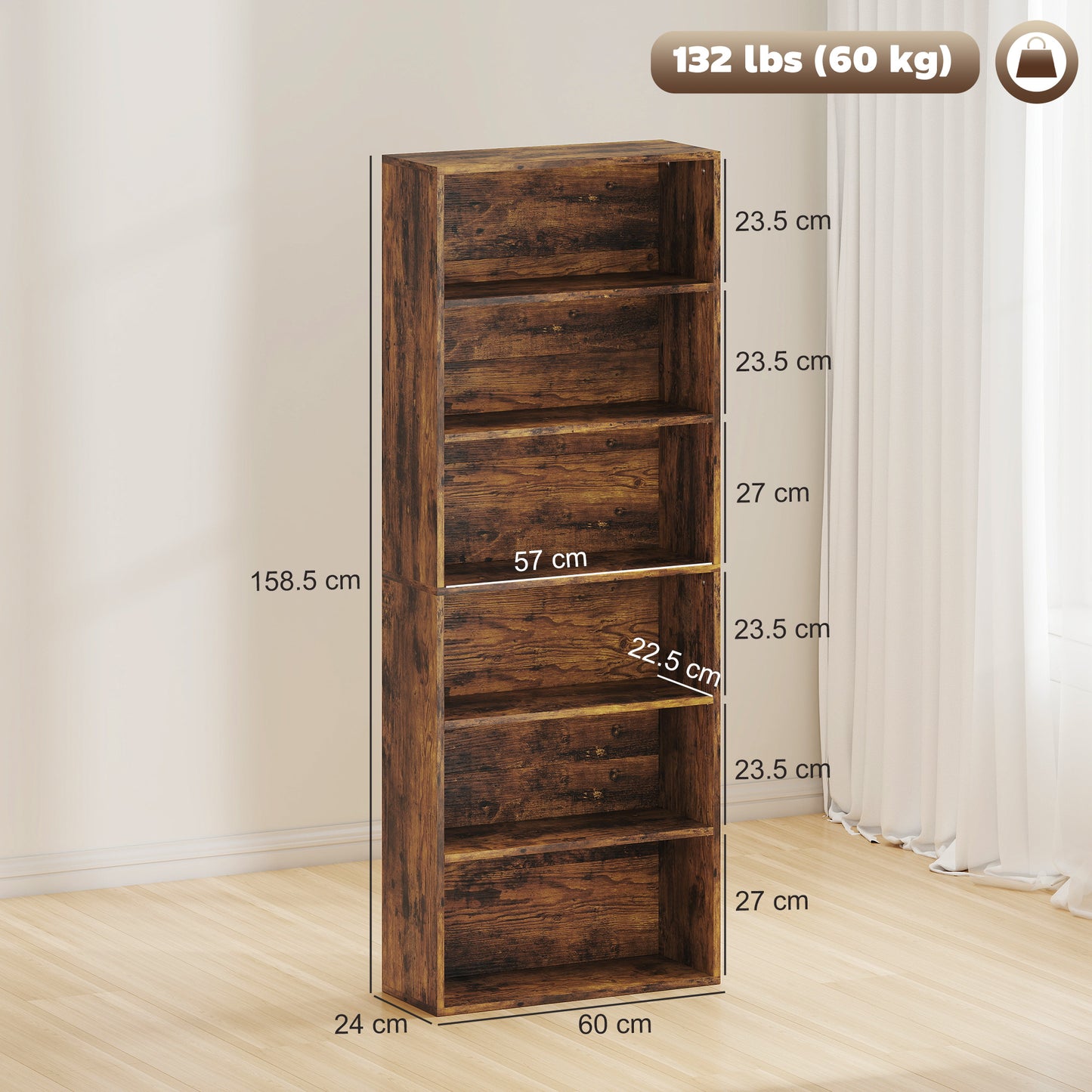 HOMCOM Six Shelf Bookcase Rustic Brown With Four Adjustable Shelves And Melamine Finish