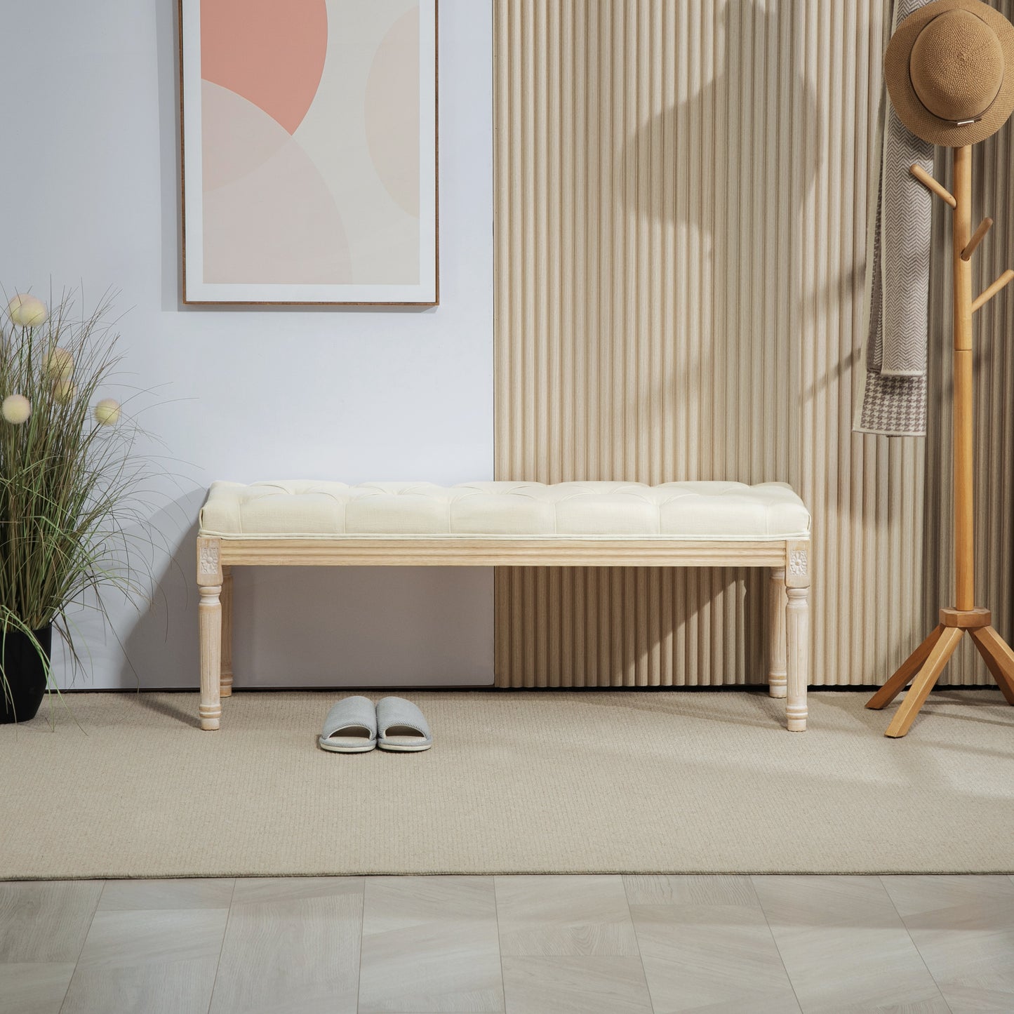 HOMCOM Vintage Wooden Bed End Bench Cream White With Button Tufted Top And Distressed Wood Frame