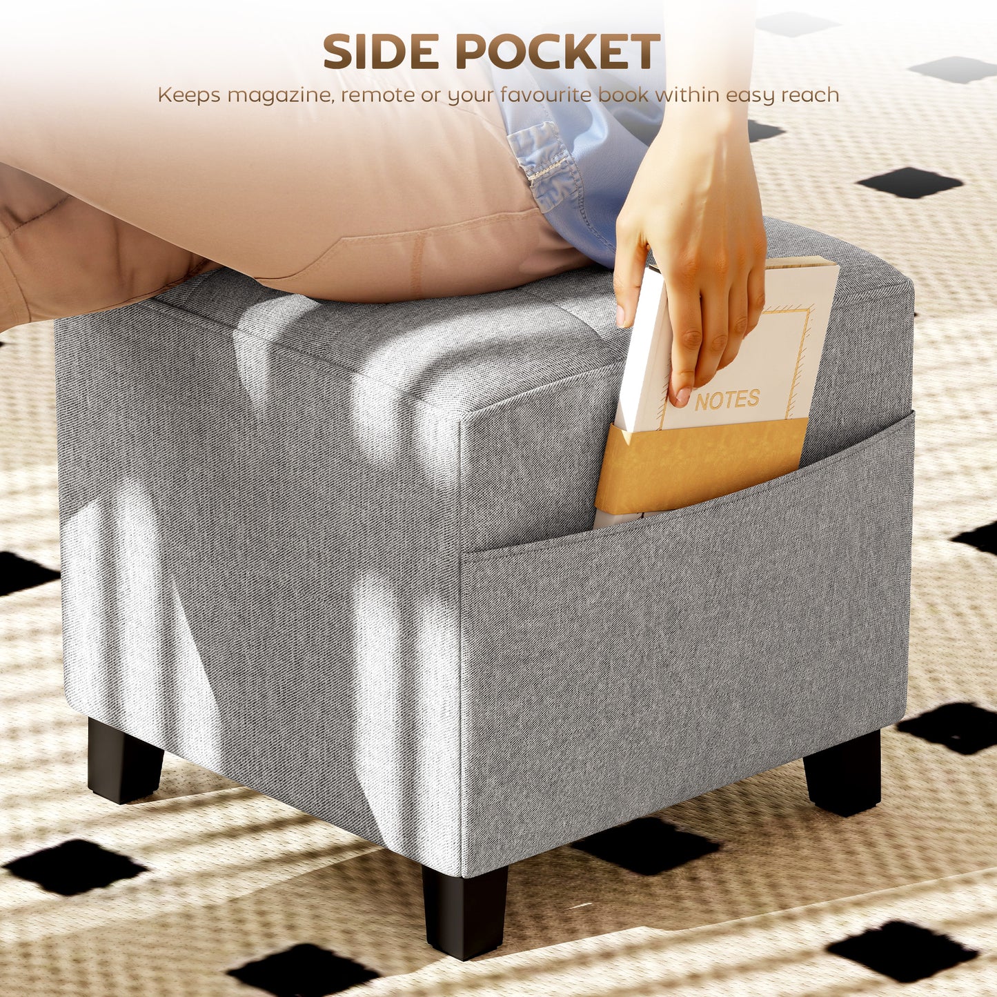 HOMCOM Square Footstool With Side Pocket Storage Ottoman Linen Fabric Footrest 35x35x35 cm Light Grey