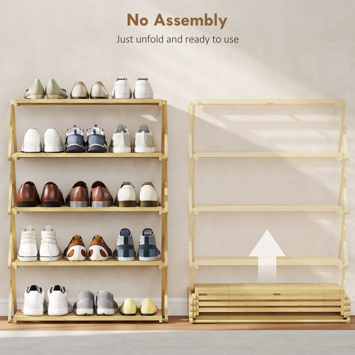 HOMCOM Five Tier Folding Bamboo Shoe Rack That Holds Up To 15 Pairs With Natural Finish