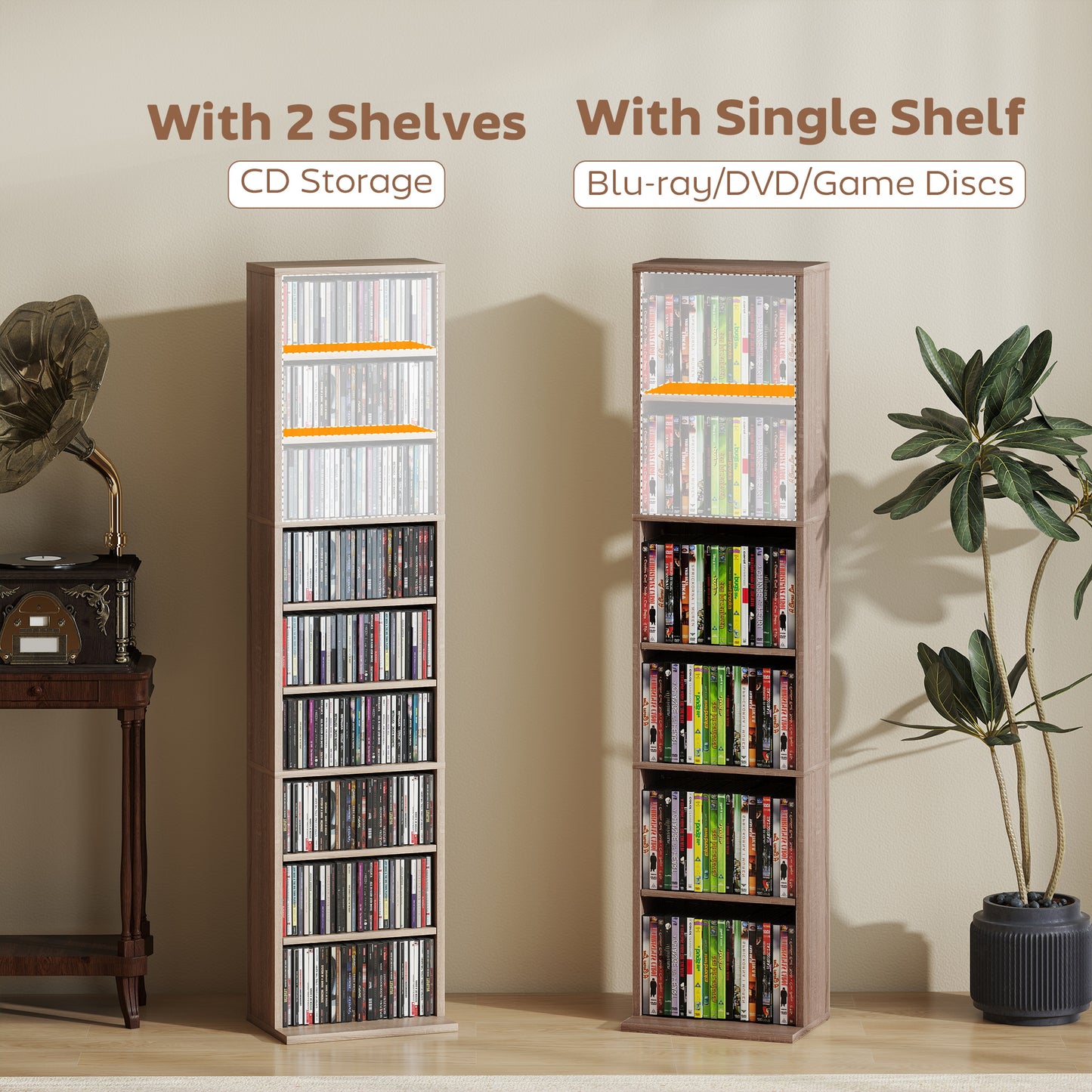 HOMCOM 260 CD Storage Unit Narrow With Six Adjustable Shelves Natural Wood Finish For Home Media Organization