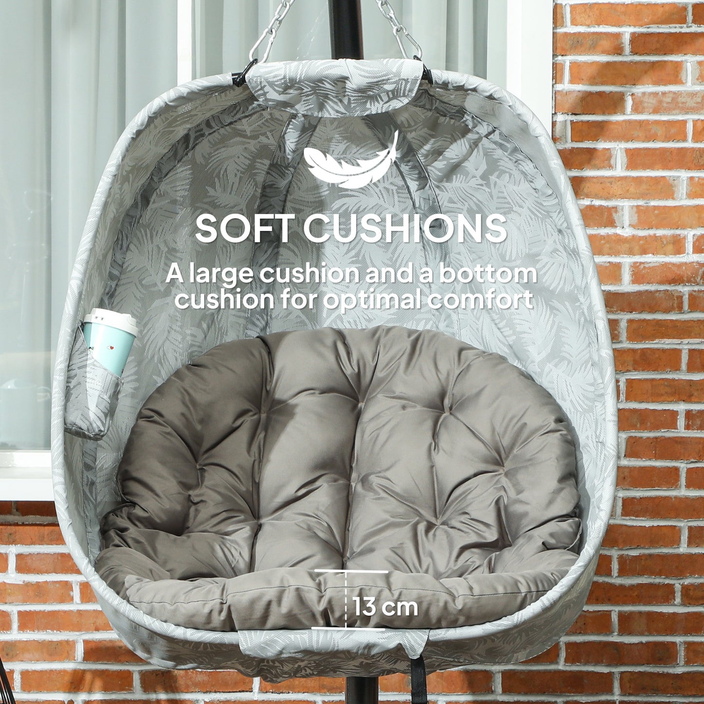 Outsunny Hanging Egg Chair With Stand And Folding Basket Thickened Cushion Cup Holder Sand Brown Patio Balcony Garden