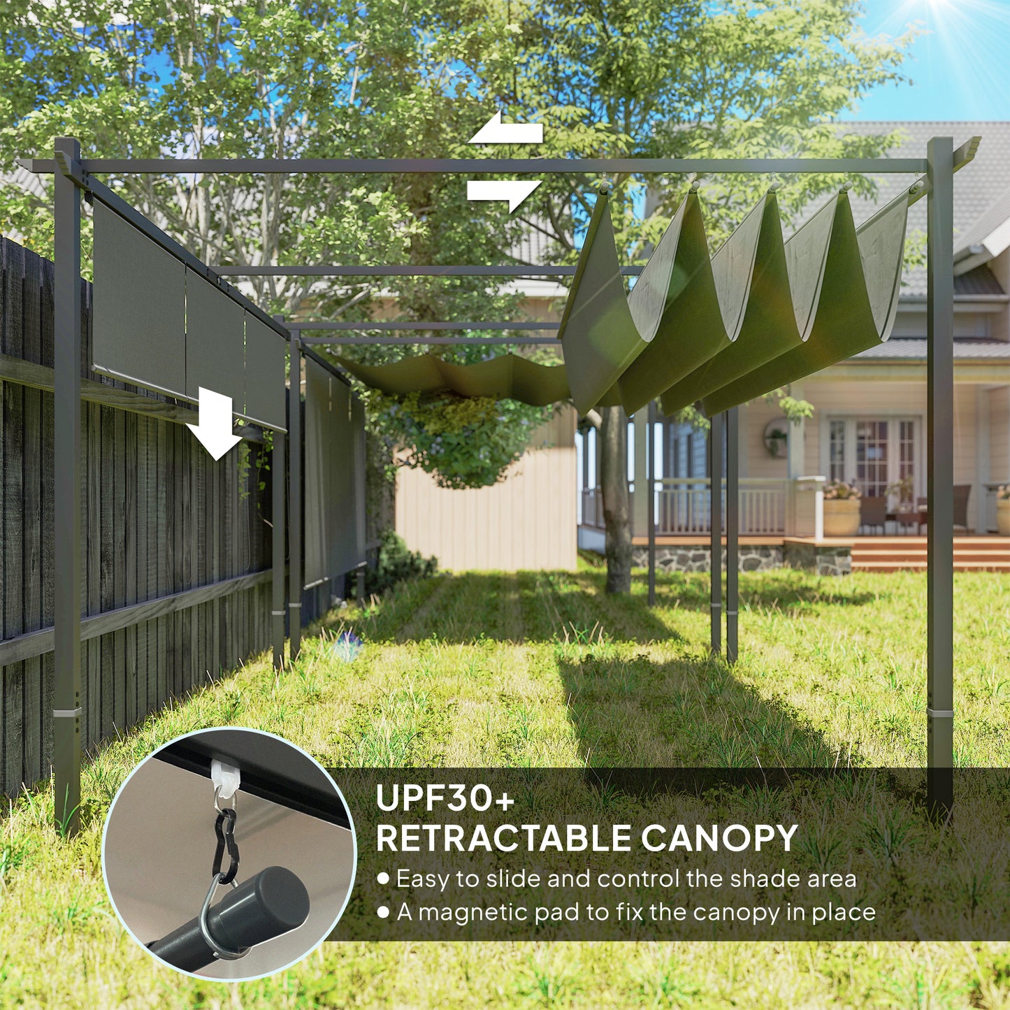 Outsunny 3 By 4m Metal Pergola With Retractable Roof And Roller Shade UPF30 Plus Outdoor Sun Shelter Grey