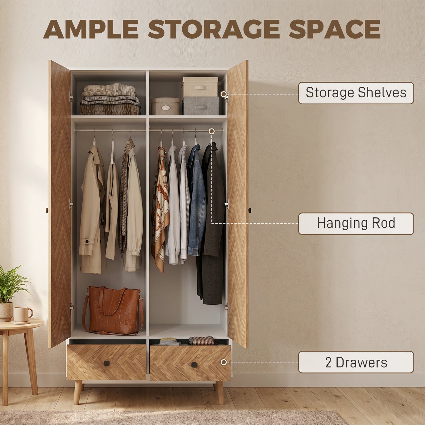 HOMCOM White Wood Effect Wardrobe Cabinet With 2 Hanging Rods 2 Storage Shelves And 2 Drawers