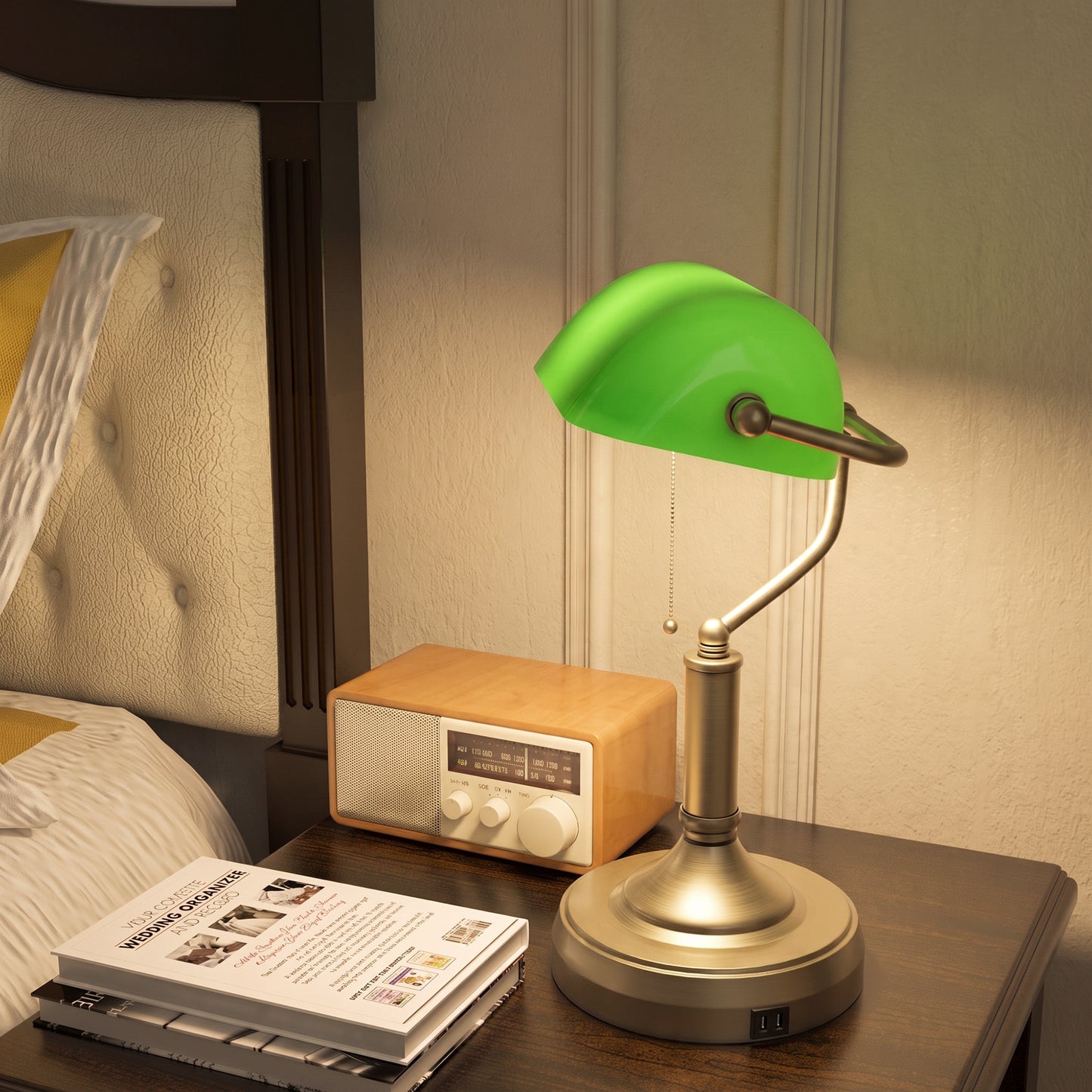 HOMCOM Bankers Style Desk Lamp With USB Ports And Pull Rope Switch, Vintage Bronze Tone Base, Green Glass Shade