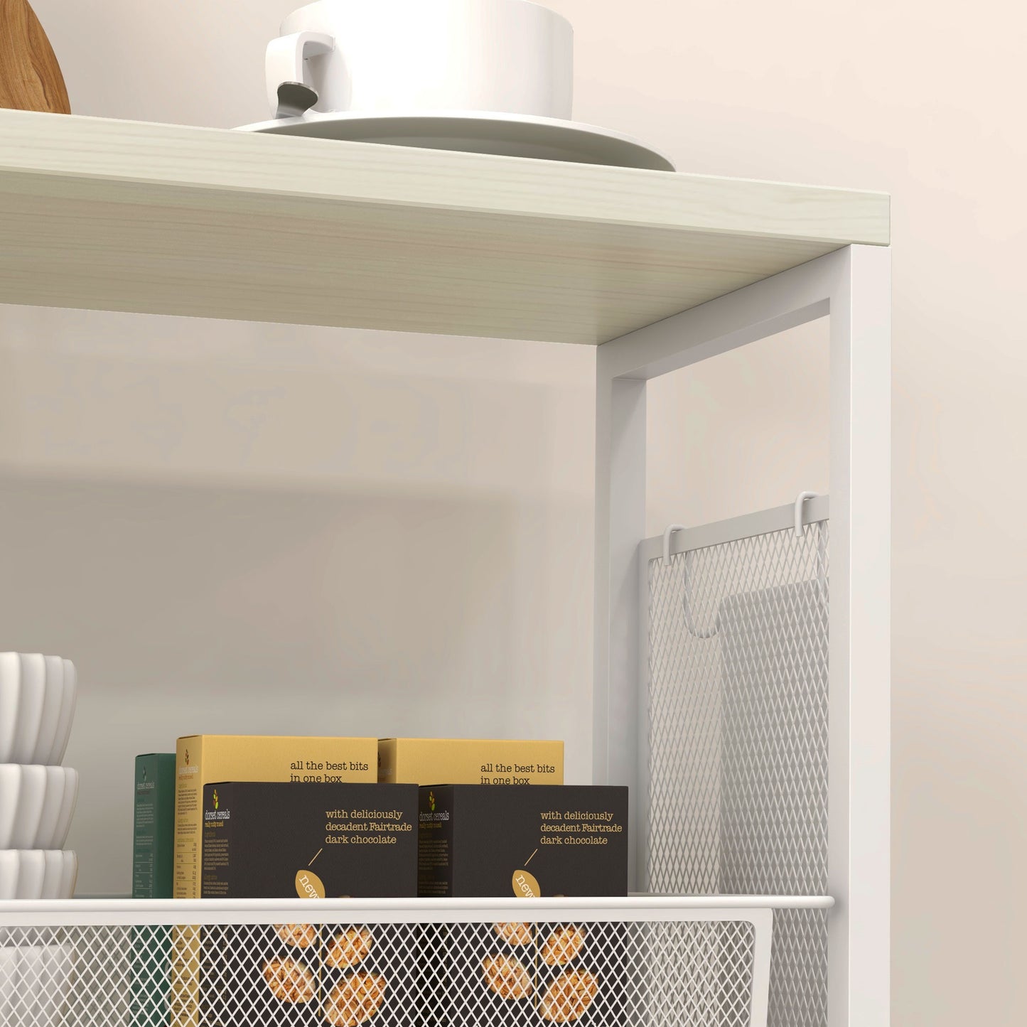 HOMCOM 3 Tier Kitchen Cart With Steel Wire Baskets On Wheels White Finish For Kitchen Organization And Storage