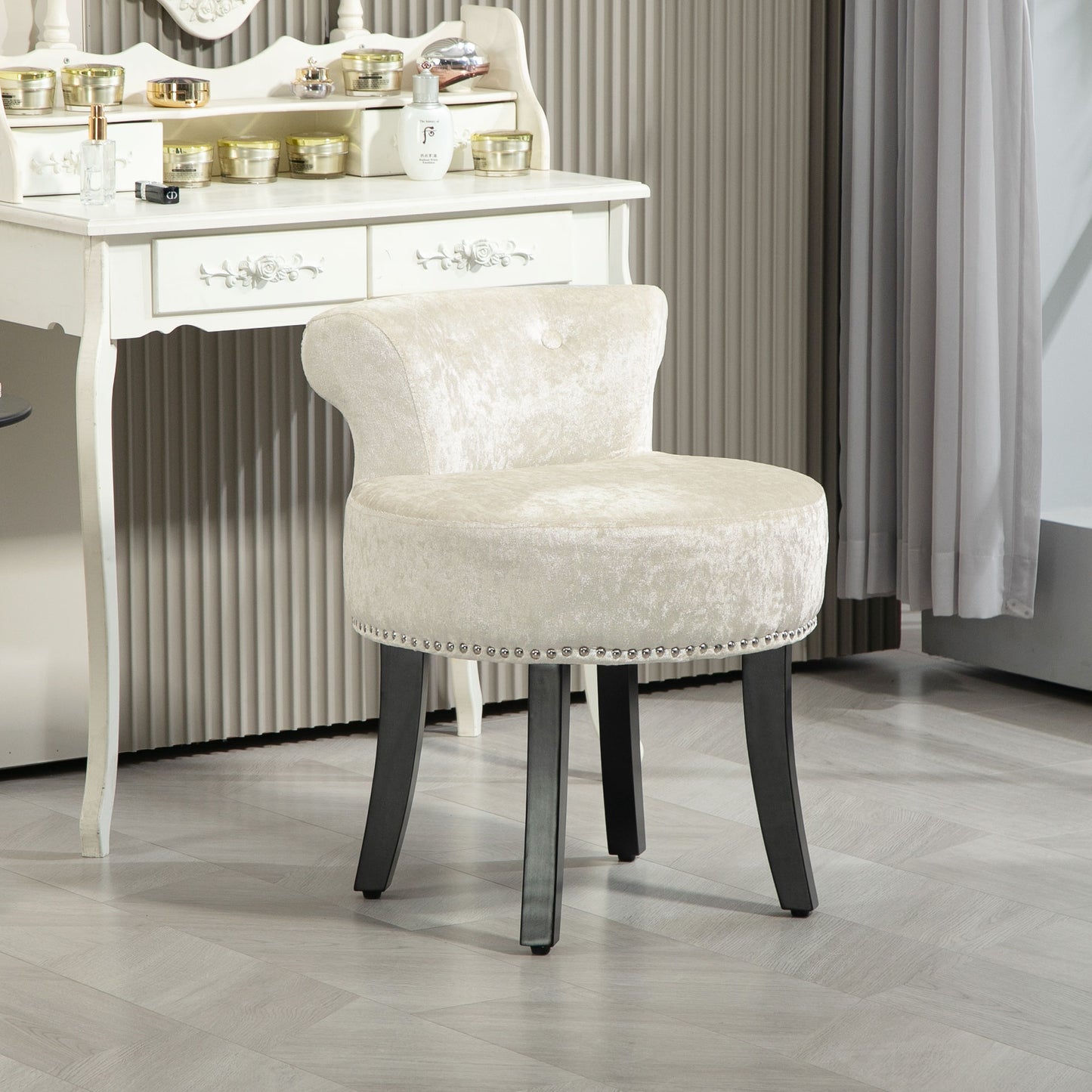 HOMCOM Dressing Table Stool With Rubber Wood Legs Ice Velvet Vanity Chair For Living Room And Bedroom Beige