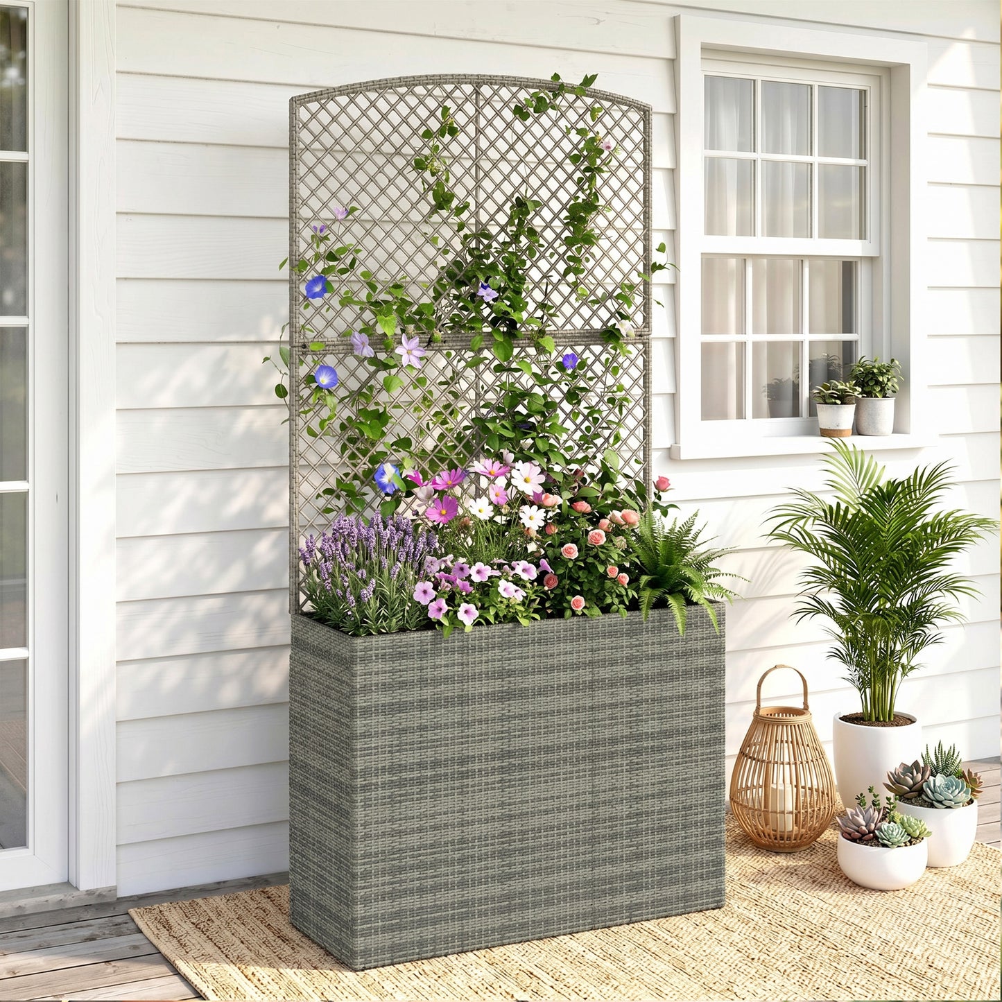 Outsunny Rattan Planter With Trellis Raised Bed Garden Planter Liner For Climbing Plants Vegetables Flowers Dark Grey