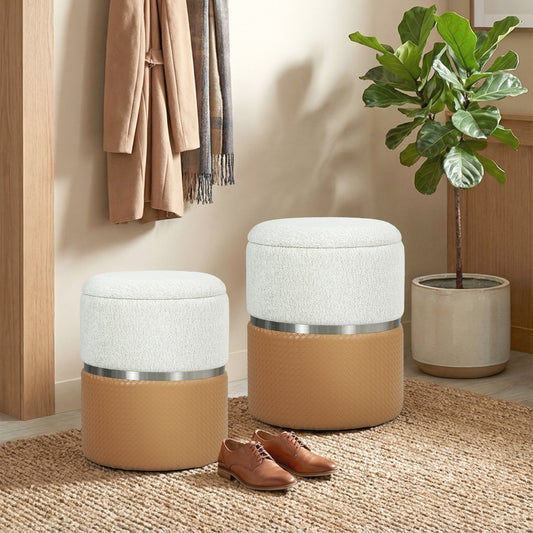 HOMCOM Nesting Round Ottomans With Storage Set Of 2 Cream And Brown Chenille Two Tone