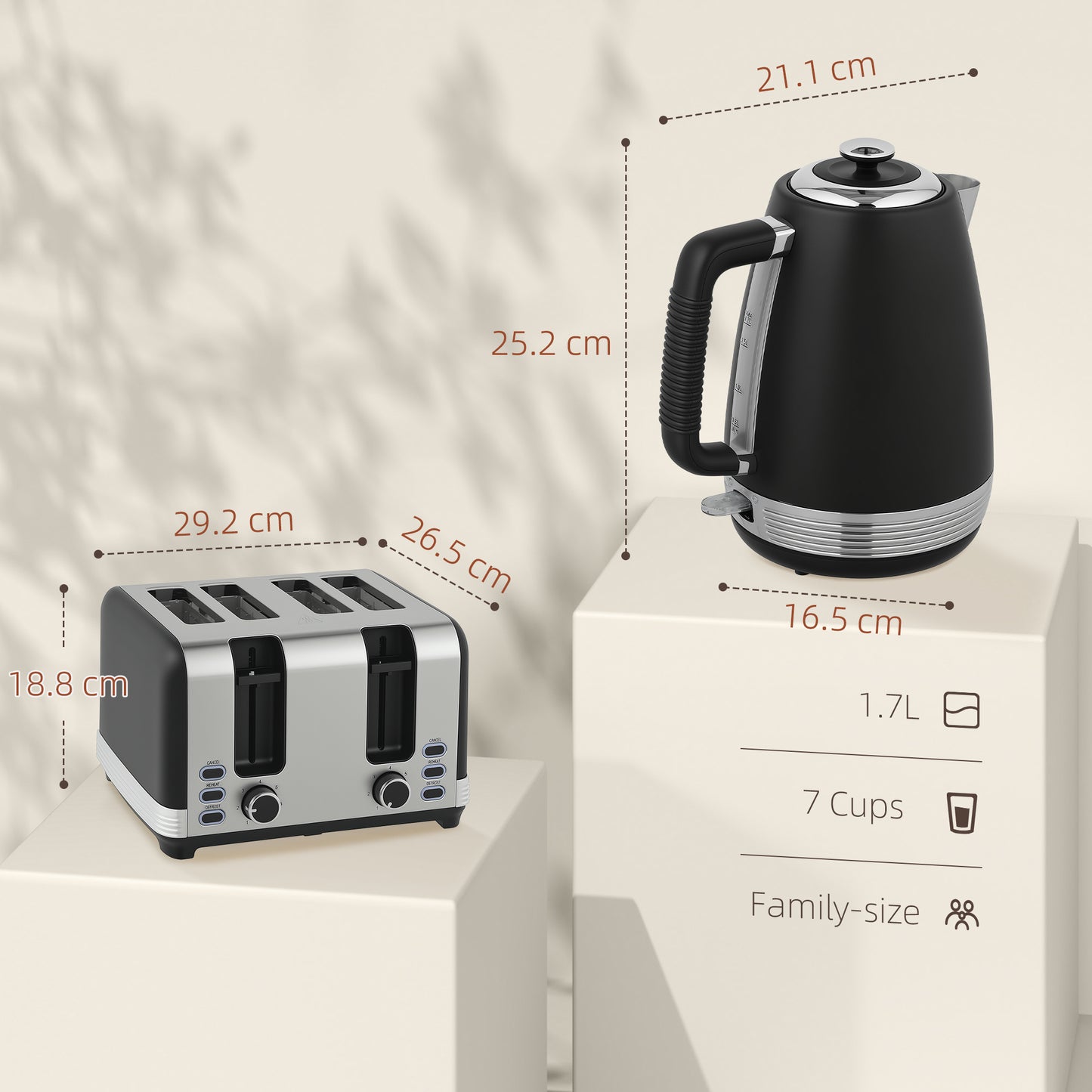 HOMCOM Stainless Steel Panel Kettle And Four Slot Toaster Set Black With 1.7L Kettle UK Strix Thermostat Auto Shut Off