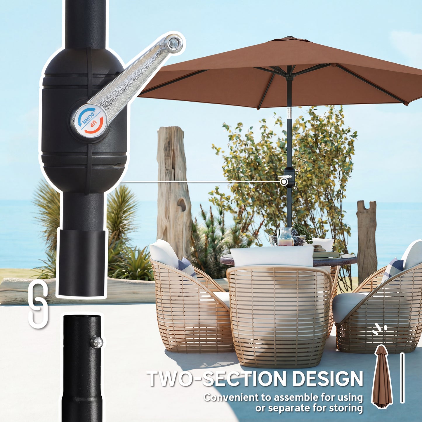 Outsunny 2.6m Garden Parasol Umbrella With Aluminium Pole Tilt And Crank Vent Outdoor Patio Coffee
