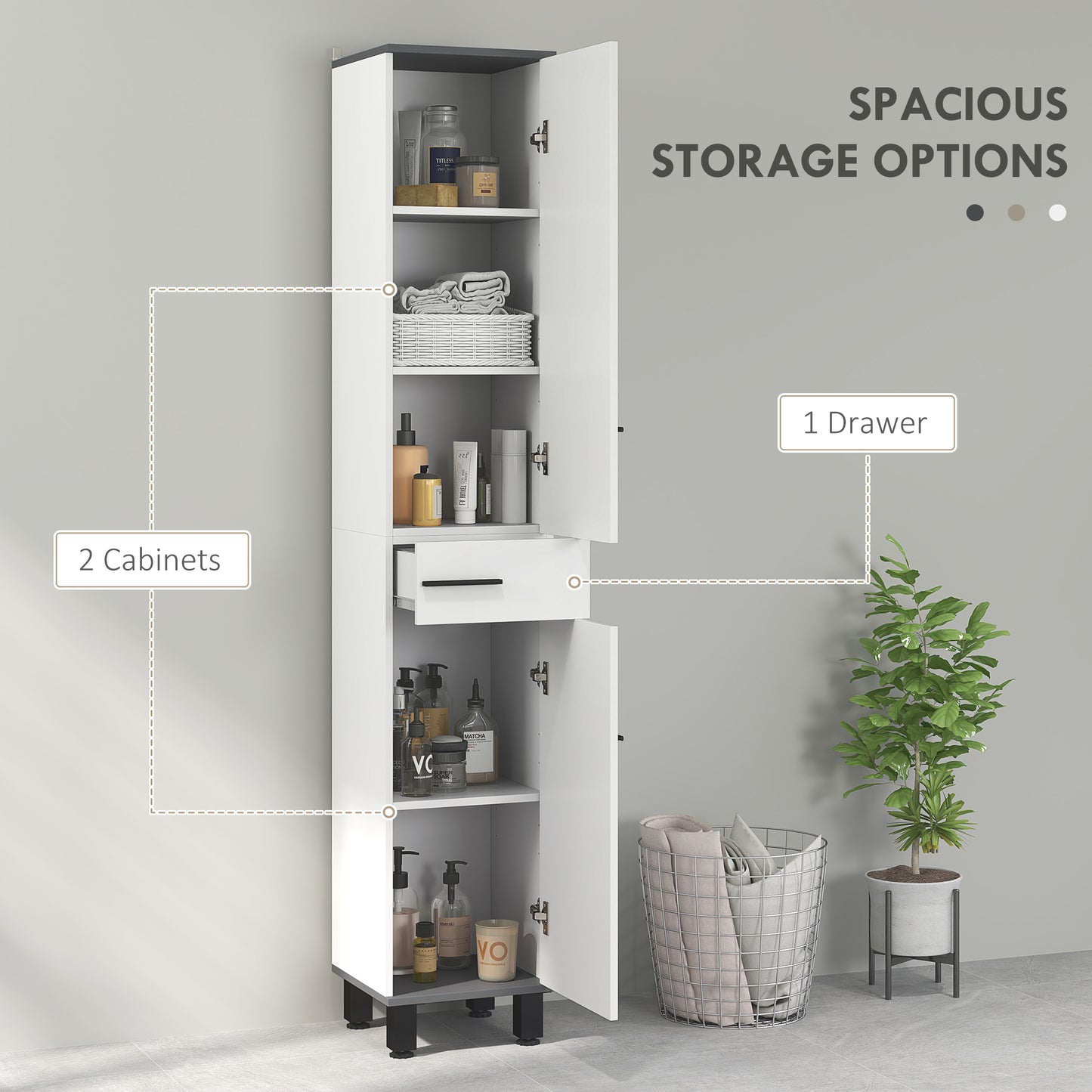 HOMCOM 190cm Tall Slim Bathroom Storage Cabinet With Adjustable Shelves In Both Cupboards And Middle Drawer White